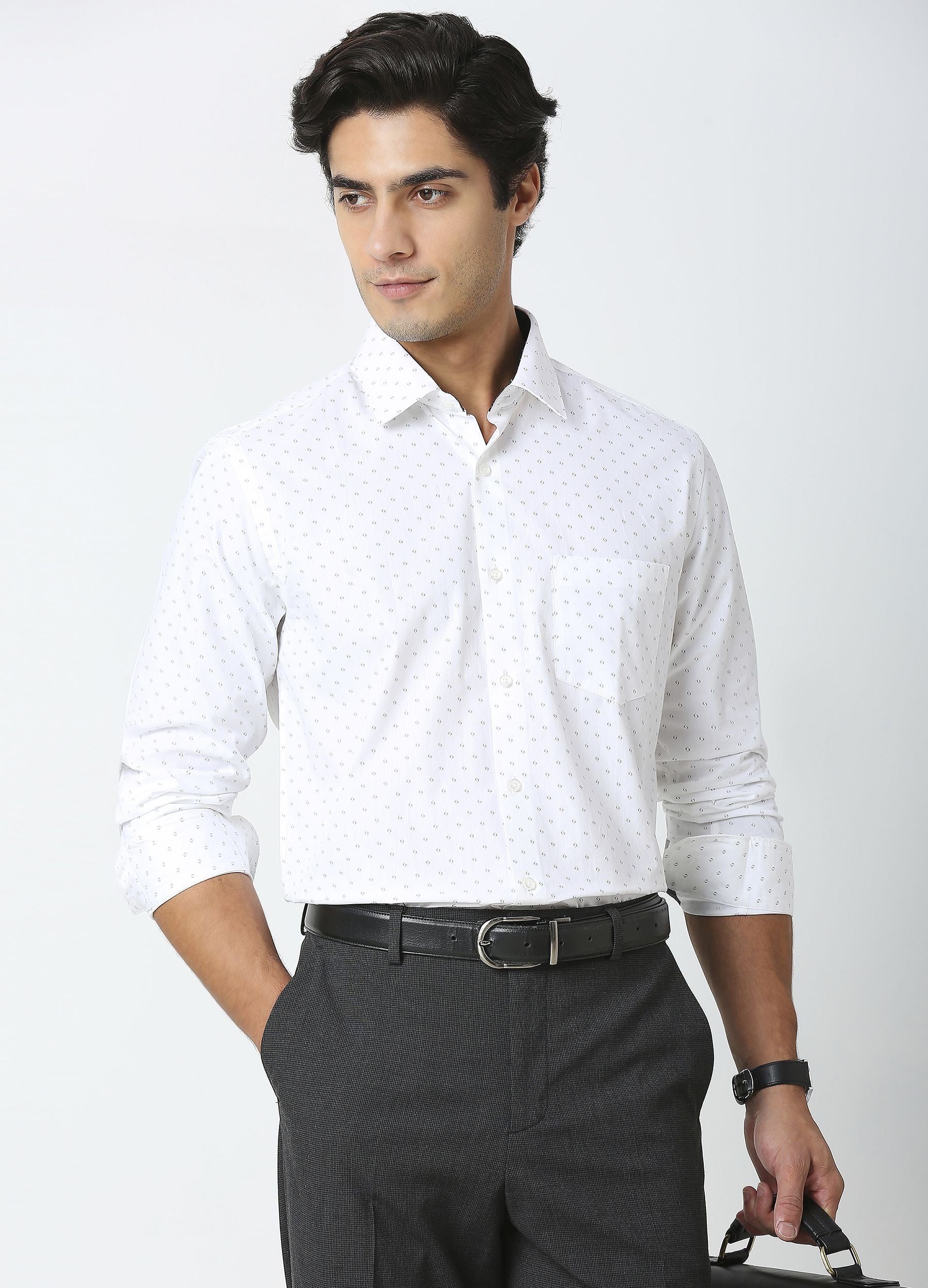 Point Collar Two Colour Print Shirt - White