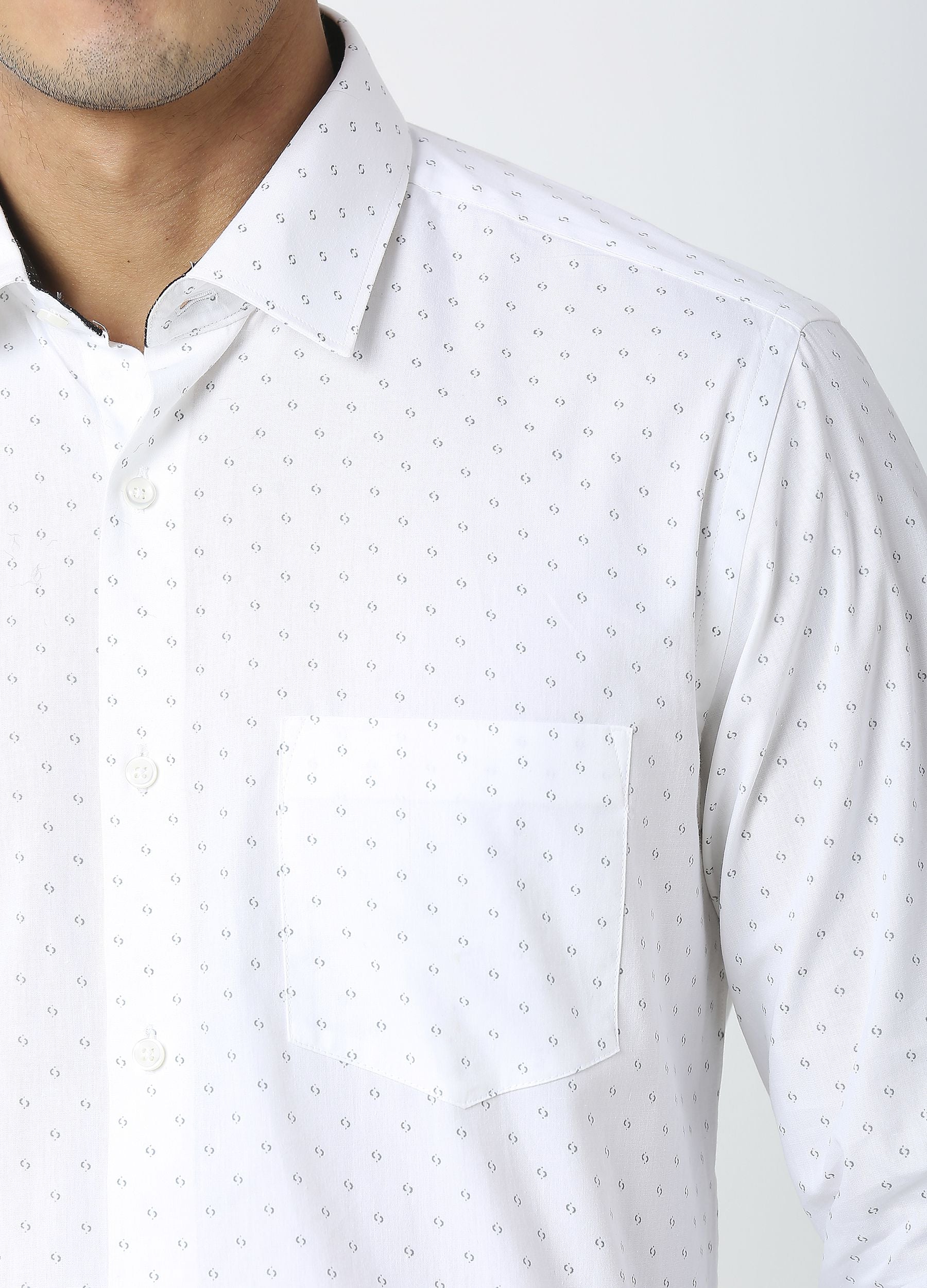 Point Collar Two Colour Print Shirt - White