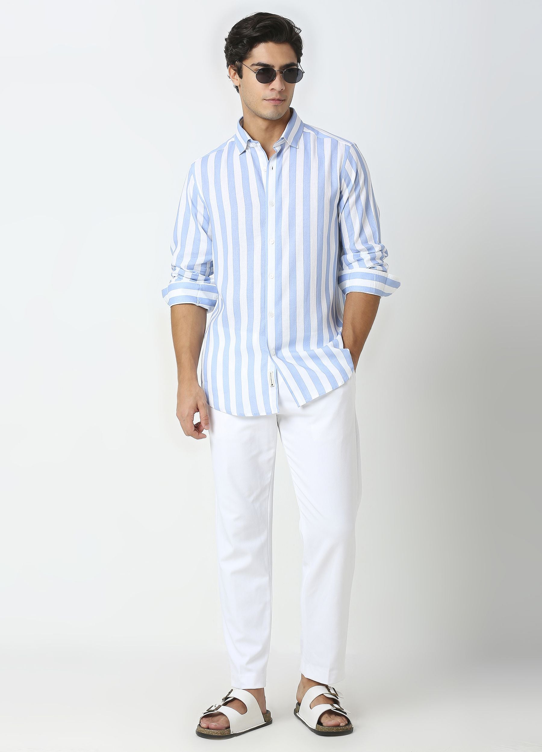 Cutaway Collar Stripe Shirt - Powder blue