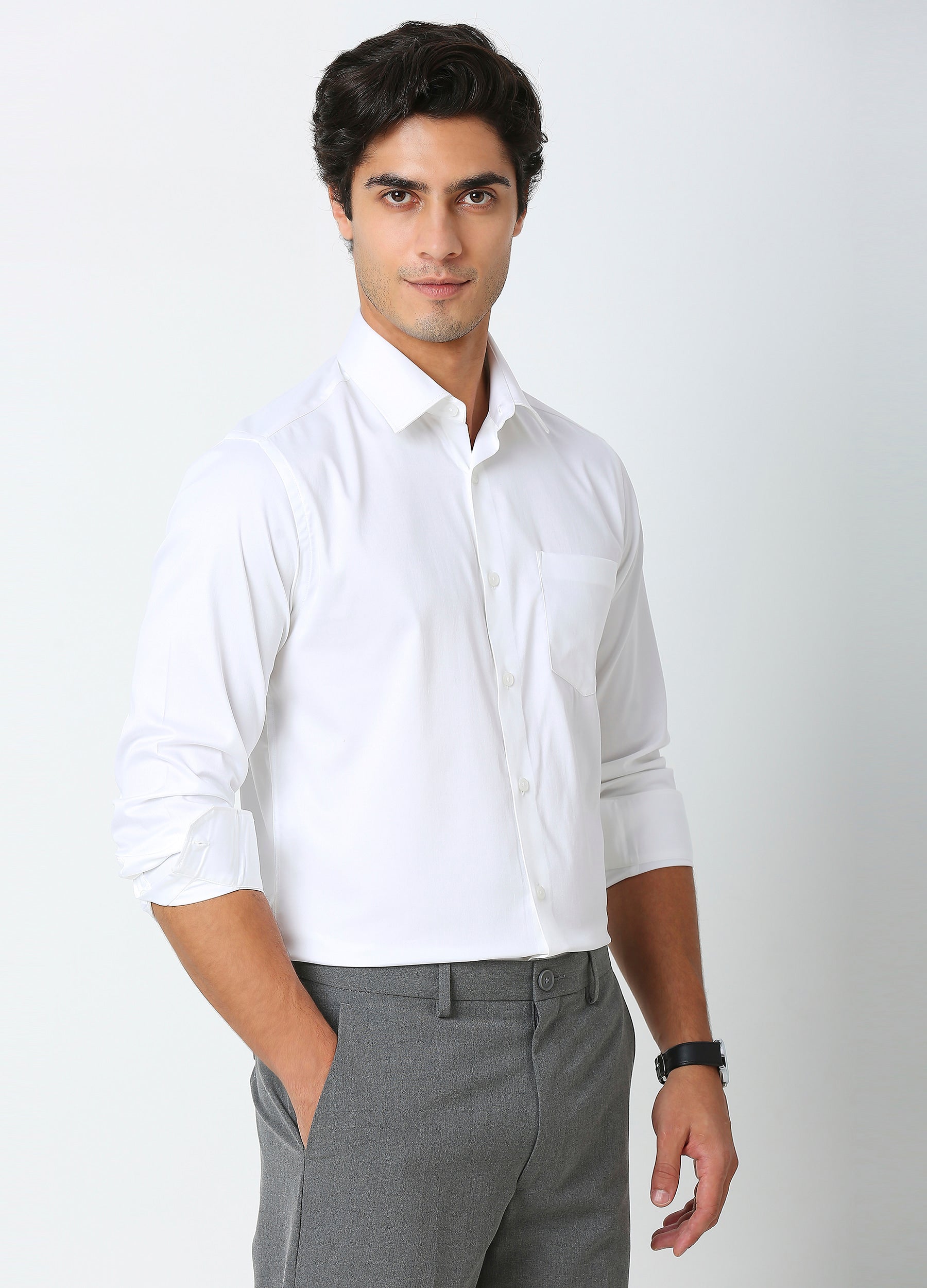 Straight Point Collar Fine Satin Stretch Shirt - White