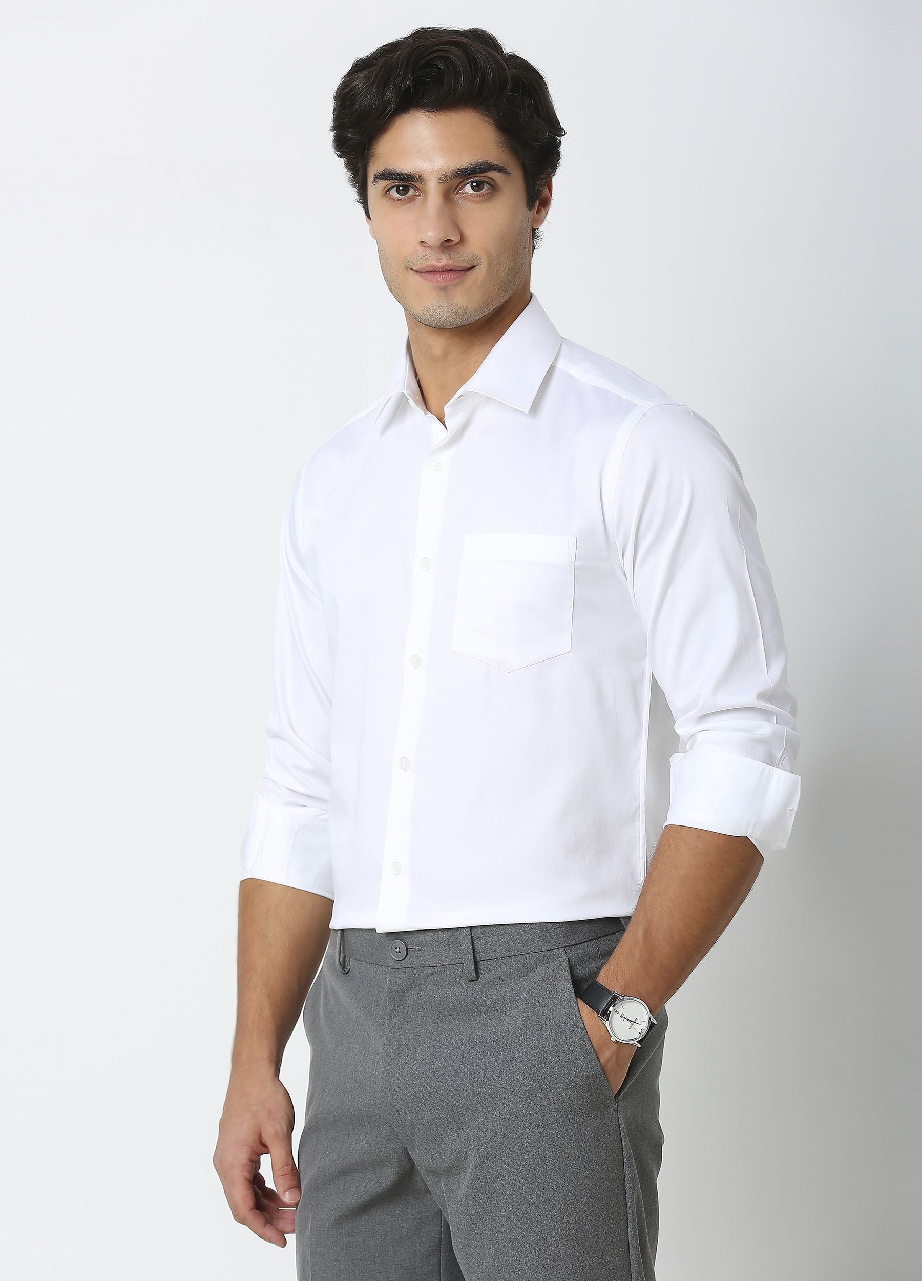 Straight Point Collar Fine Satin Relax fit Stretch Shirt White