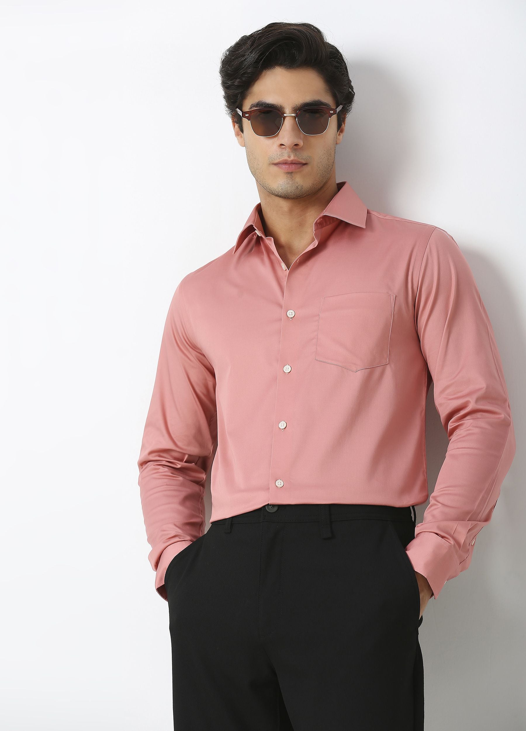 Straight Point Collar Fine Satin Stretch Shirt Coral