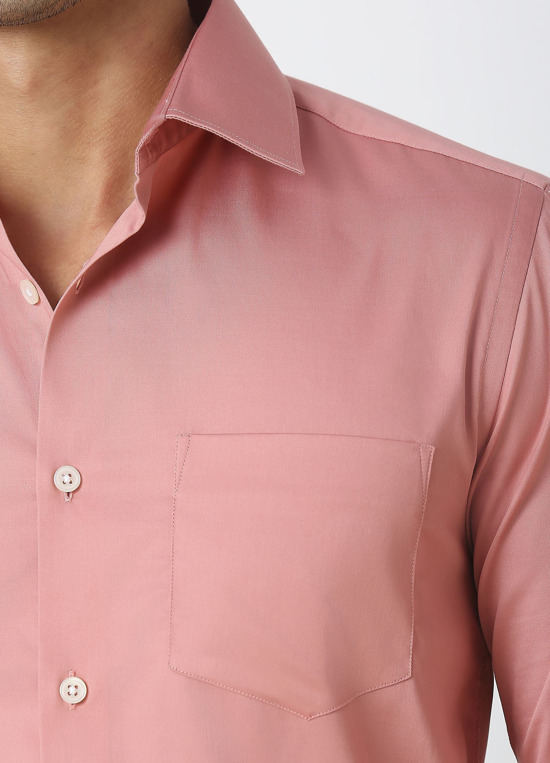 Straight Point Collar Fine Satin Stretch Shirt Coral