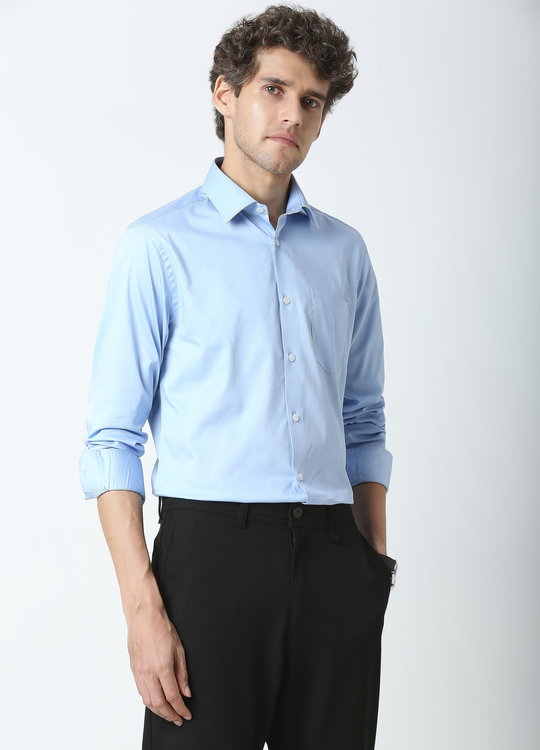 Straight Point Collar Fine Satin Stretch Shirt Sky blue