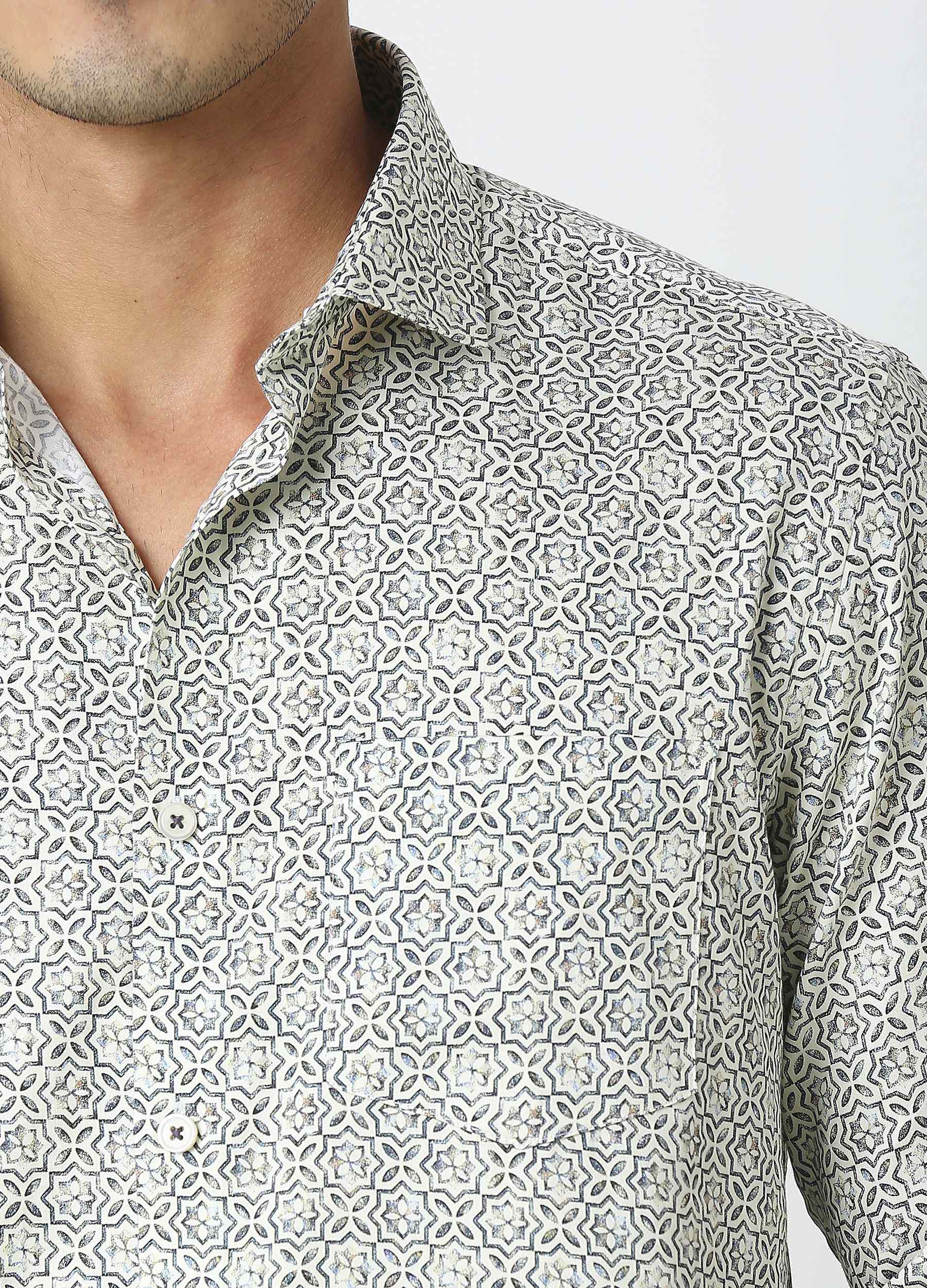 Coral: Satin Print Shirt - Eggshell White