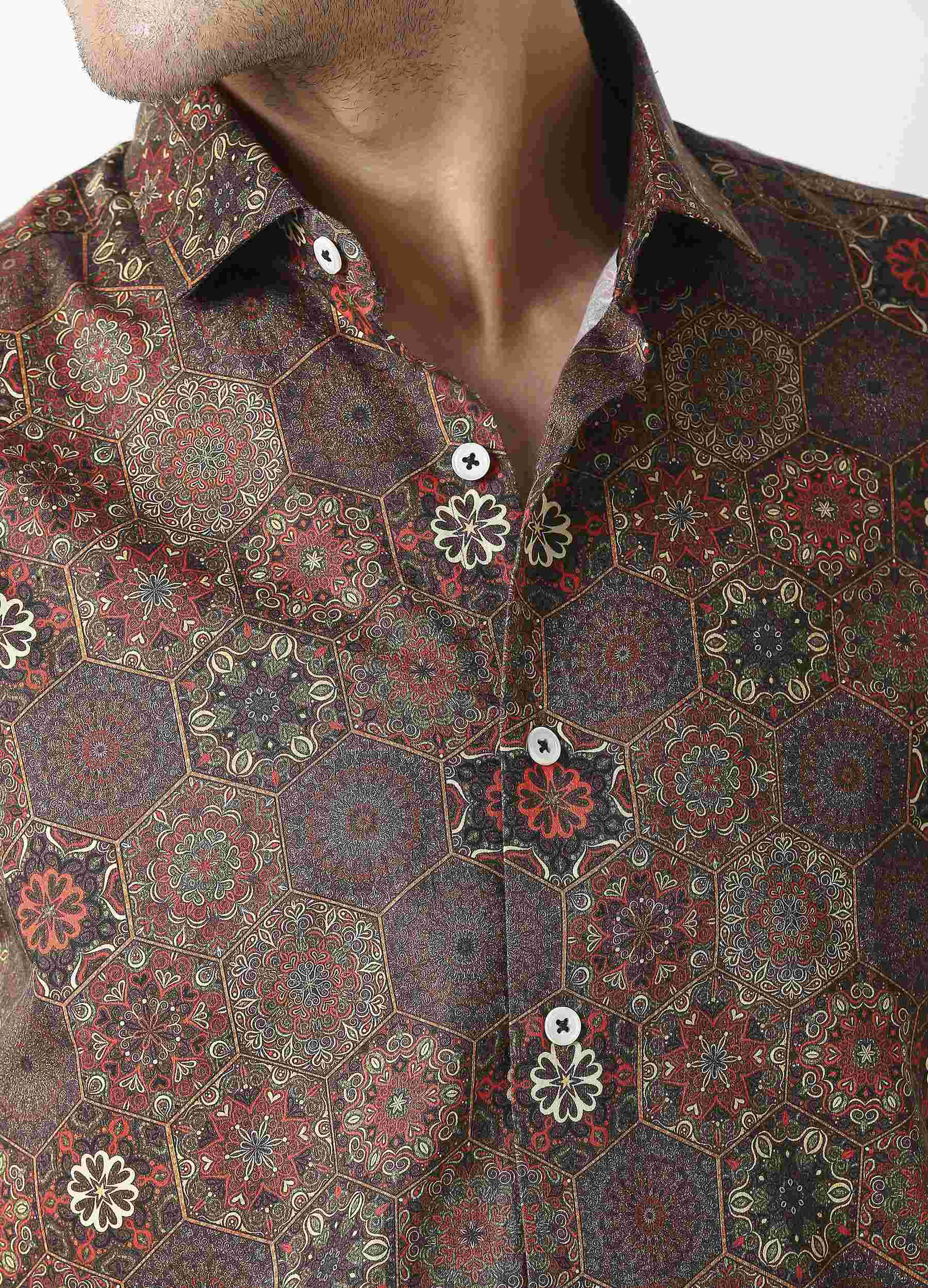 Hexa: Satin Damask Print Shirt - Cedar Brown