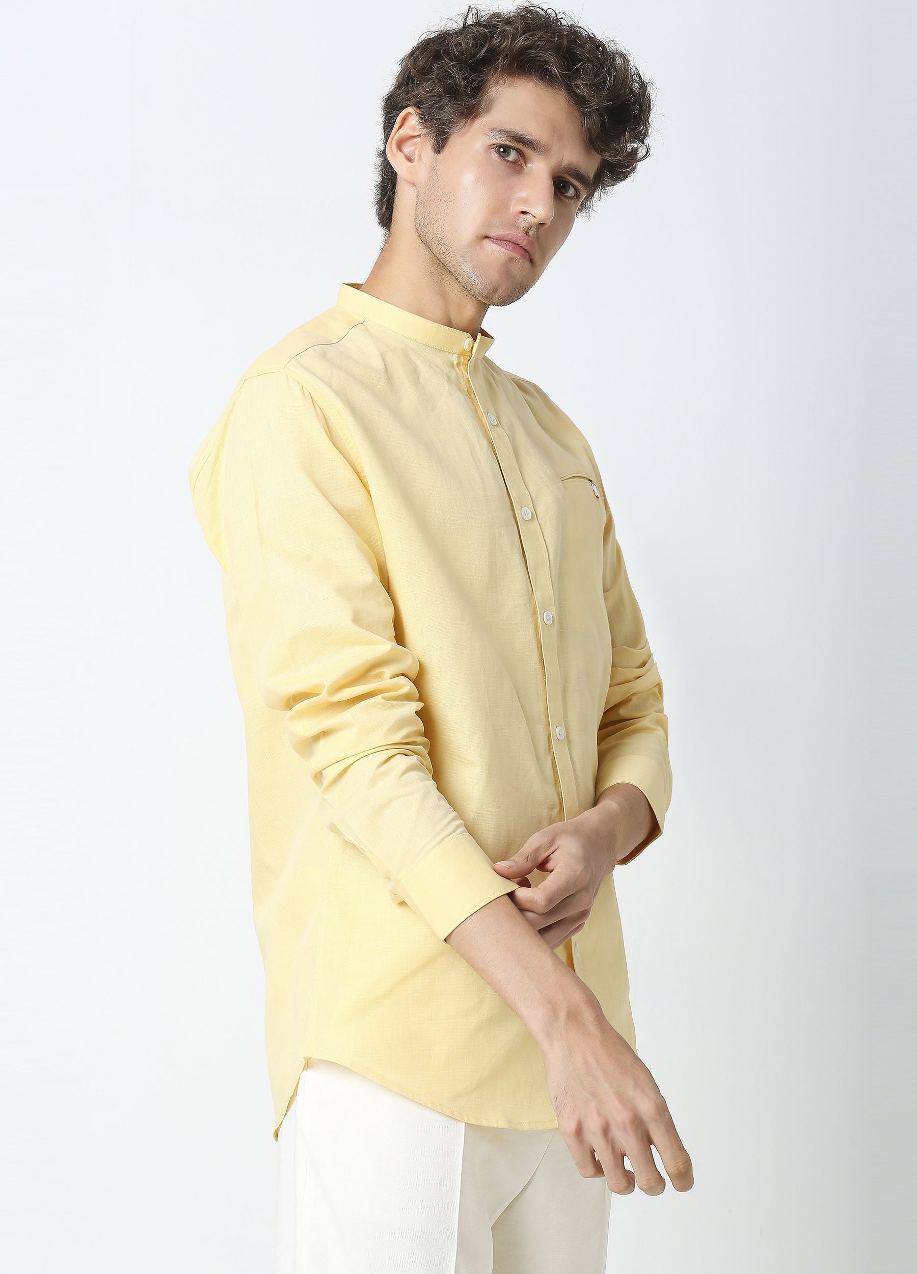 Band Collar Linen Blend Solid Shirt - Lemon Yellow