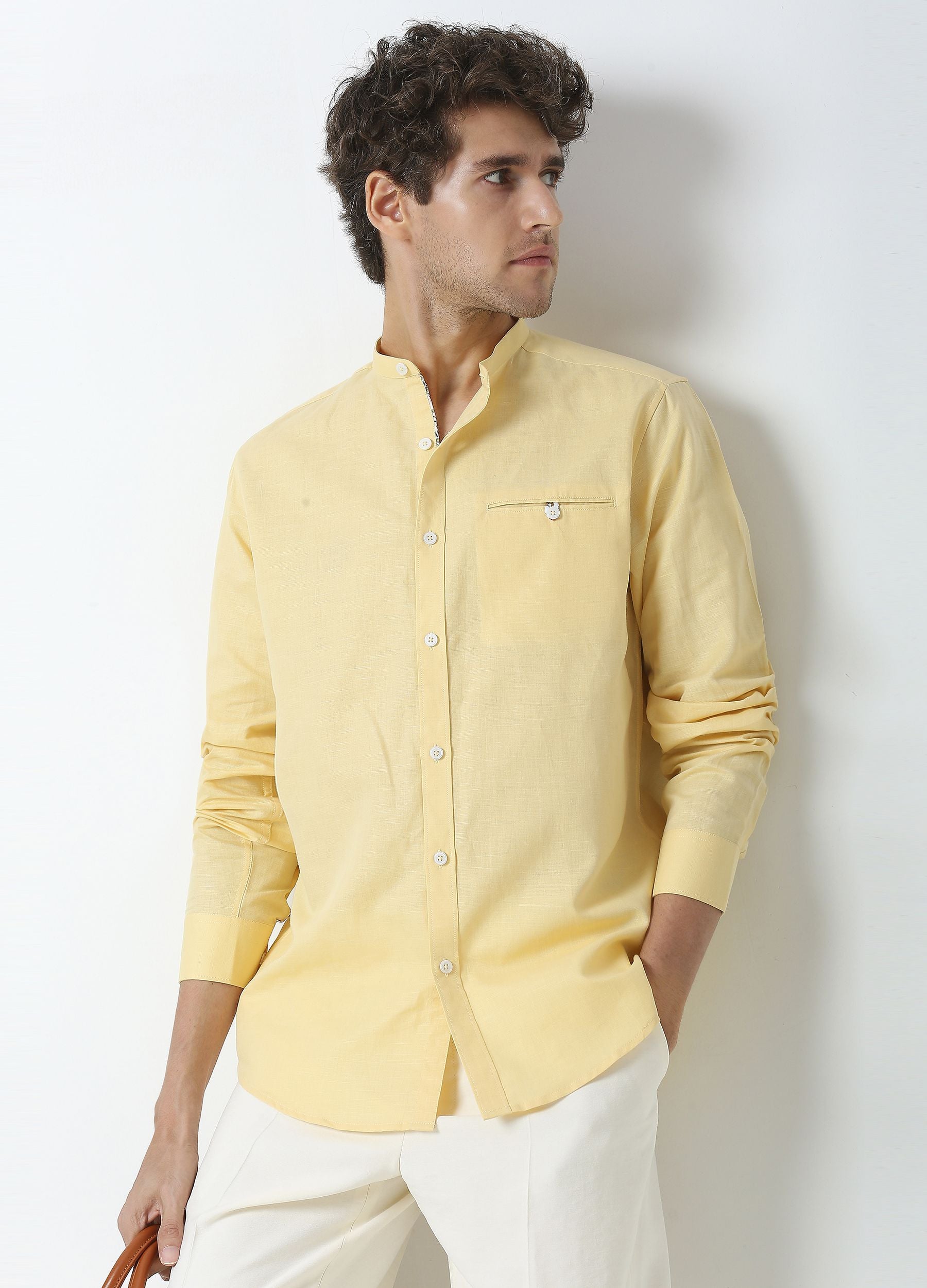 Band Collar Linen Blend Solid Shirt - Lemon Yellow