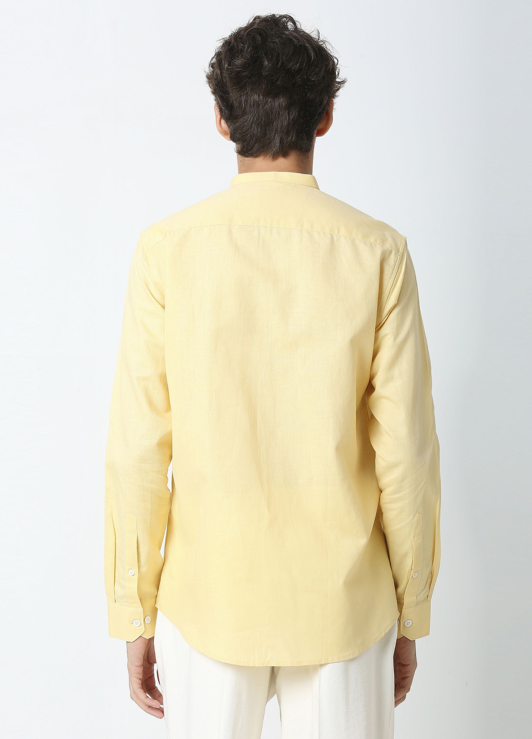 Band Collar Linen Blend Solid Shirt - Lemon Yellow