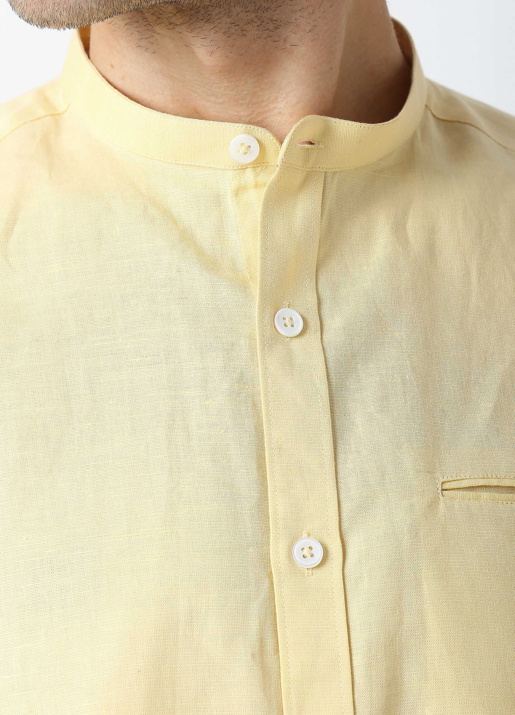 Band Collar Linen Blend Solid Shirt - Lemon Yellow