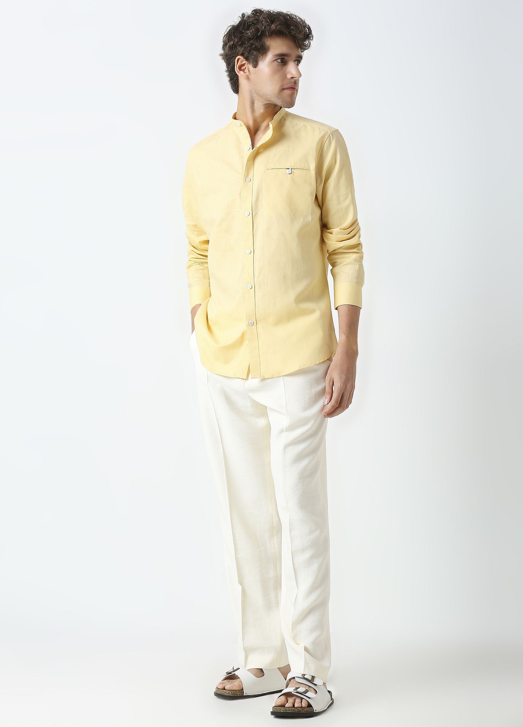 Band Collar Linen Blend Solid Shirt - Lemon Yellow