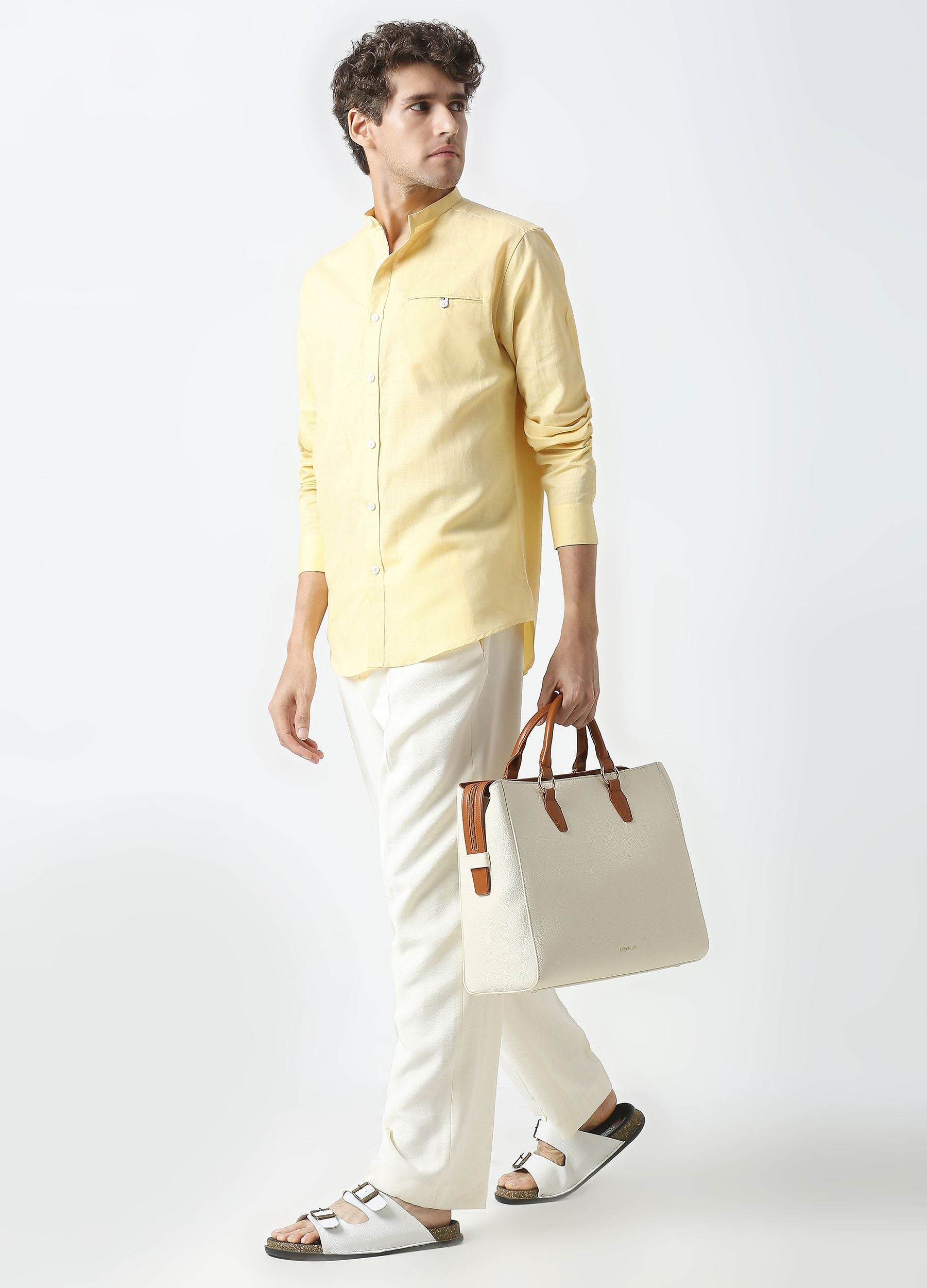 Band Collar Linen Blend Solid Shirt - Lemon Yellow