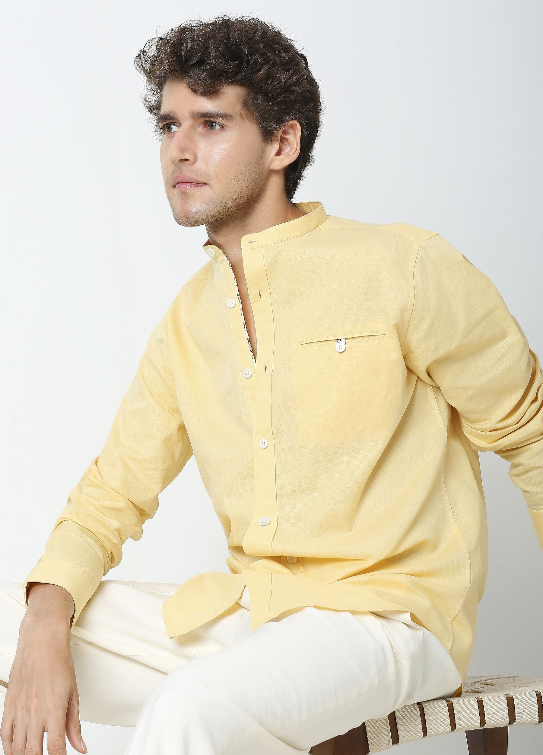 Band Collar Linen Blend Solid Shirt - Lemon Yellow