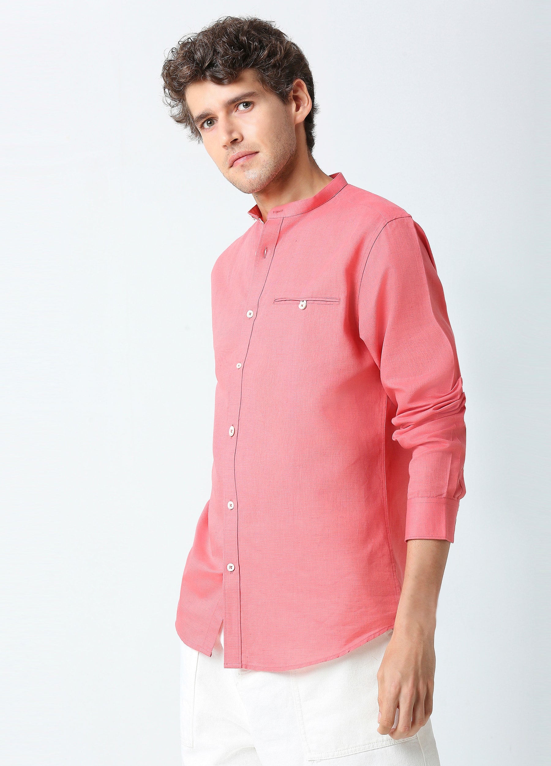 Band Collar Linen Blend Solid Shirt - Coral