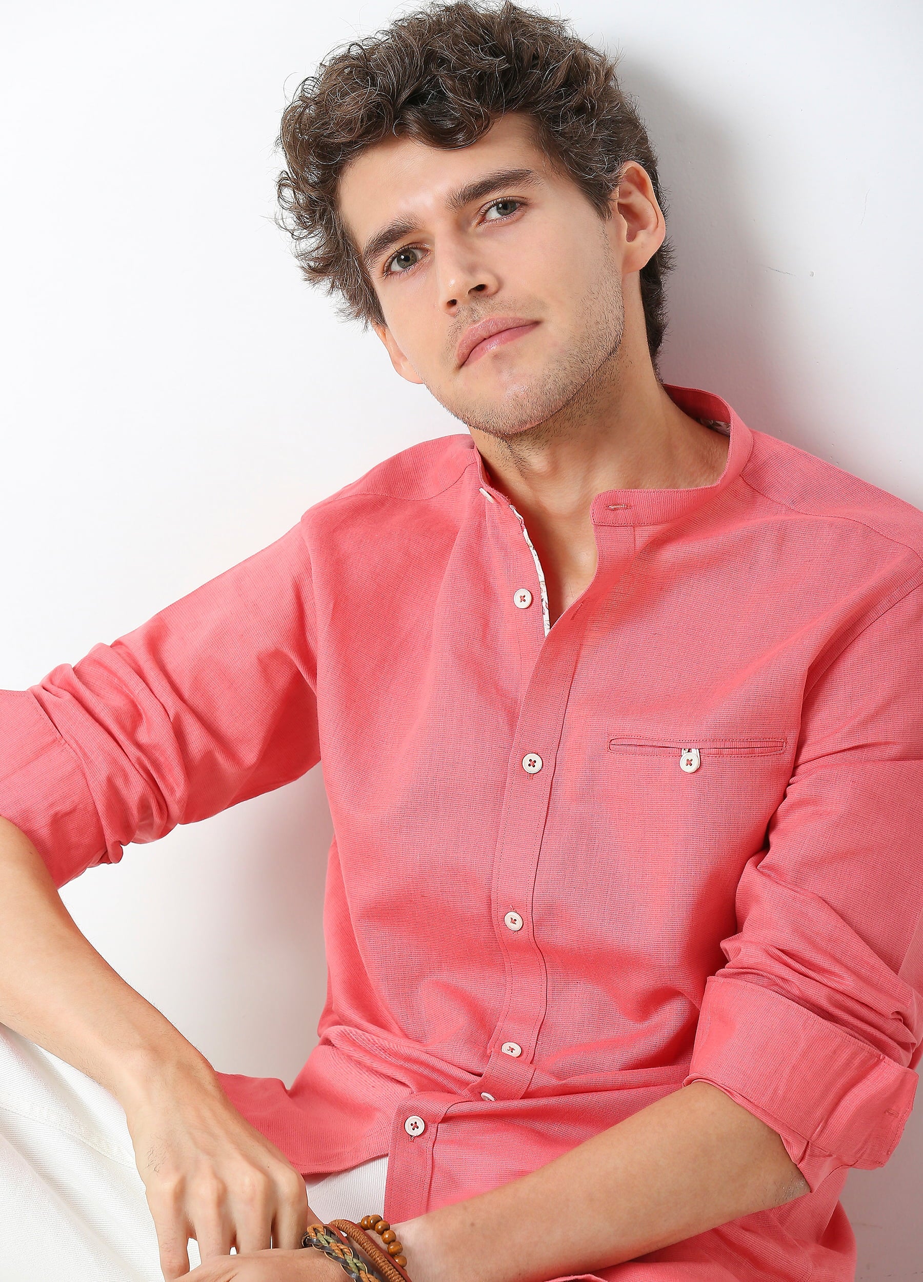 Band Collar Linen Blend Solid Shirt - Coral