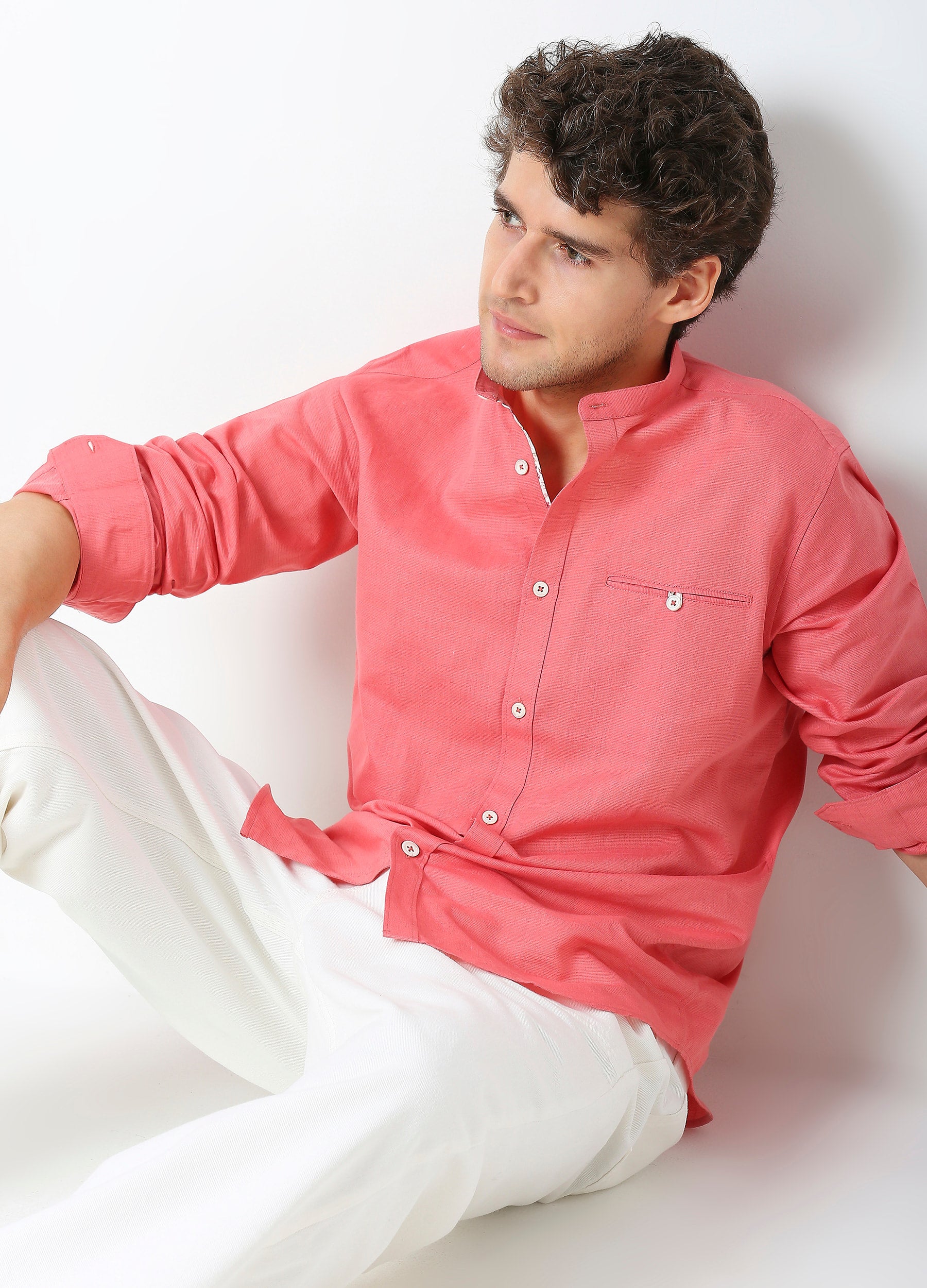 Band Collar Linen Blend Solid Shirt - Coral