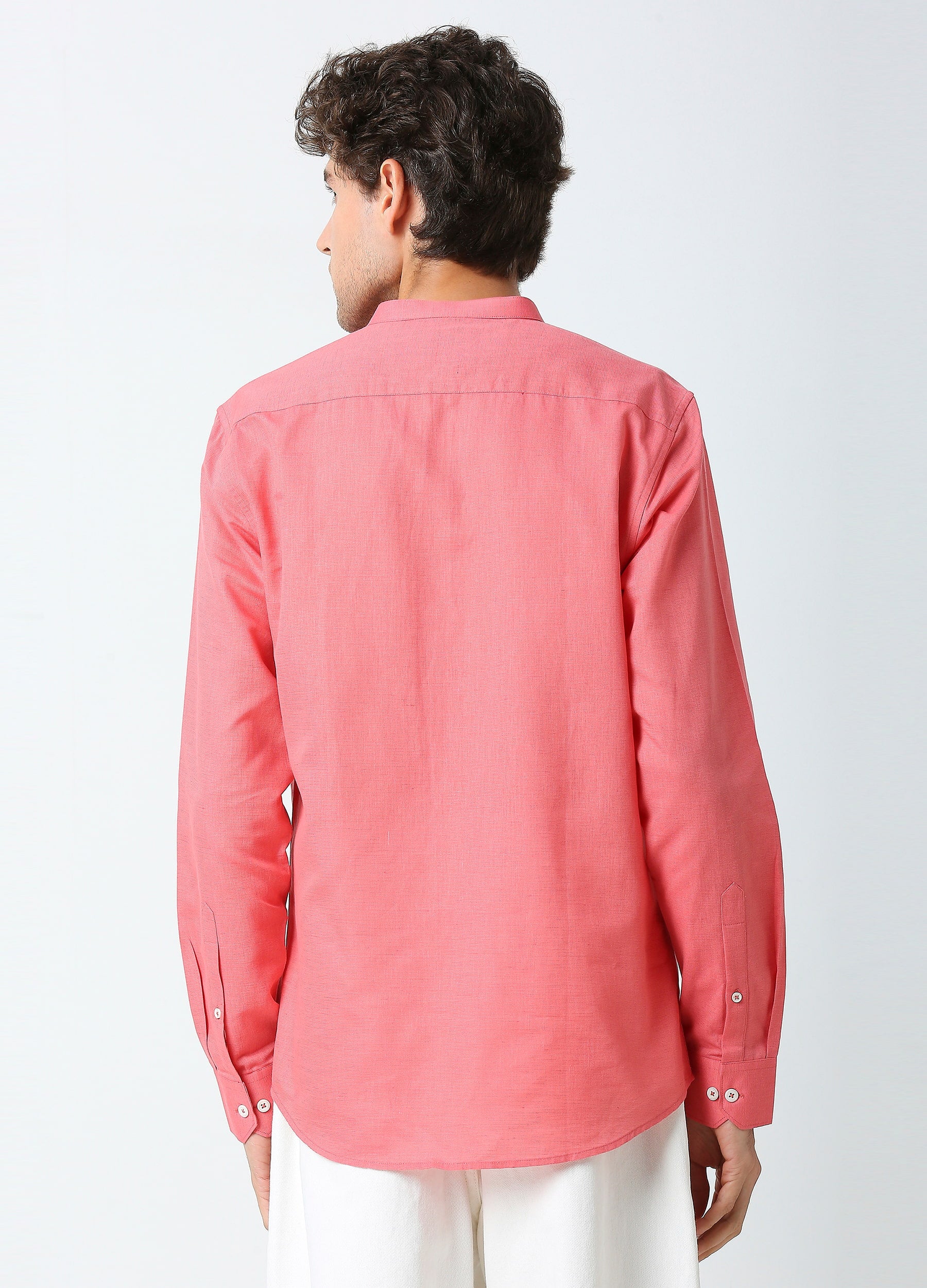 Band Collar Linen Blend Solid Shirt - Coral