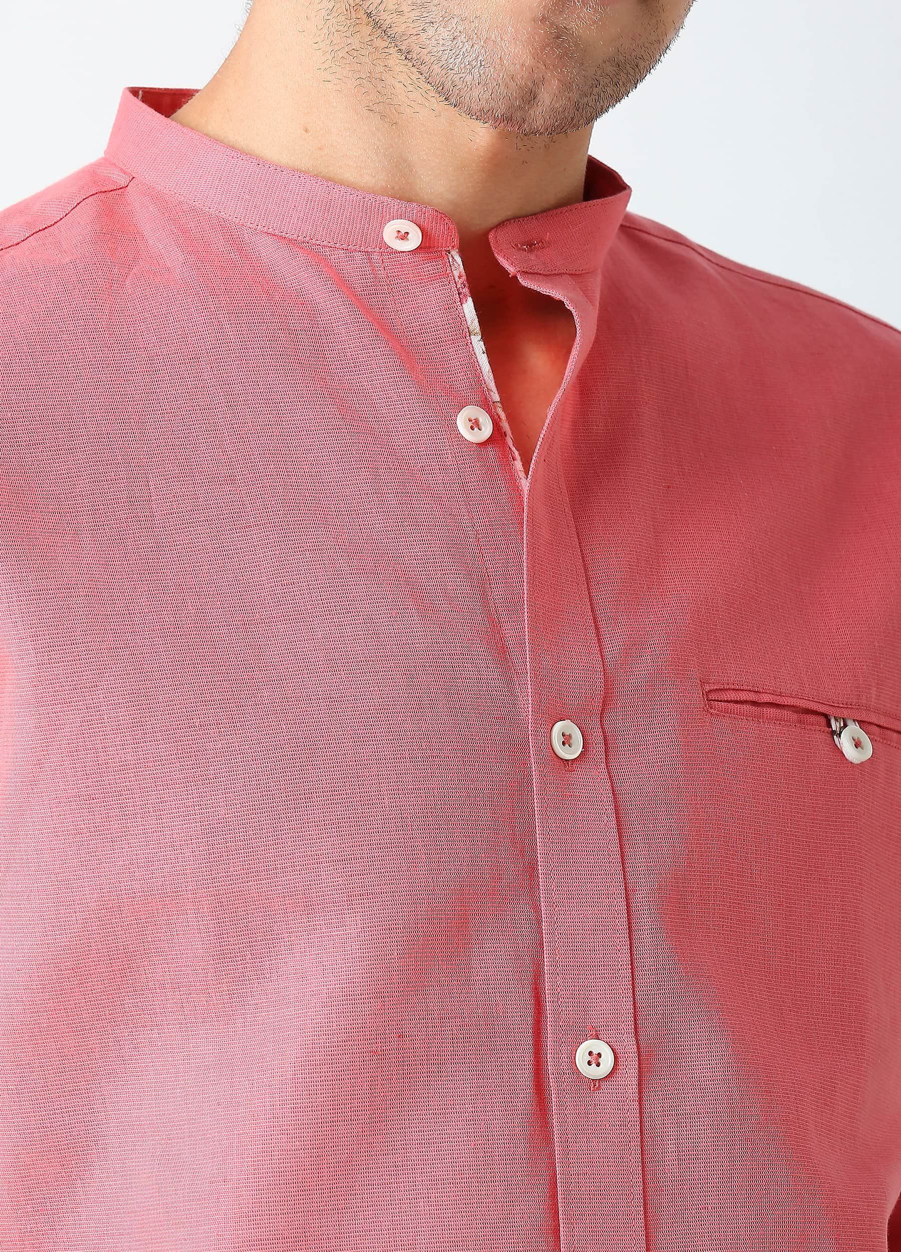 Band Collar Linen Blend Solid Shirt - Coral