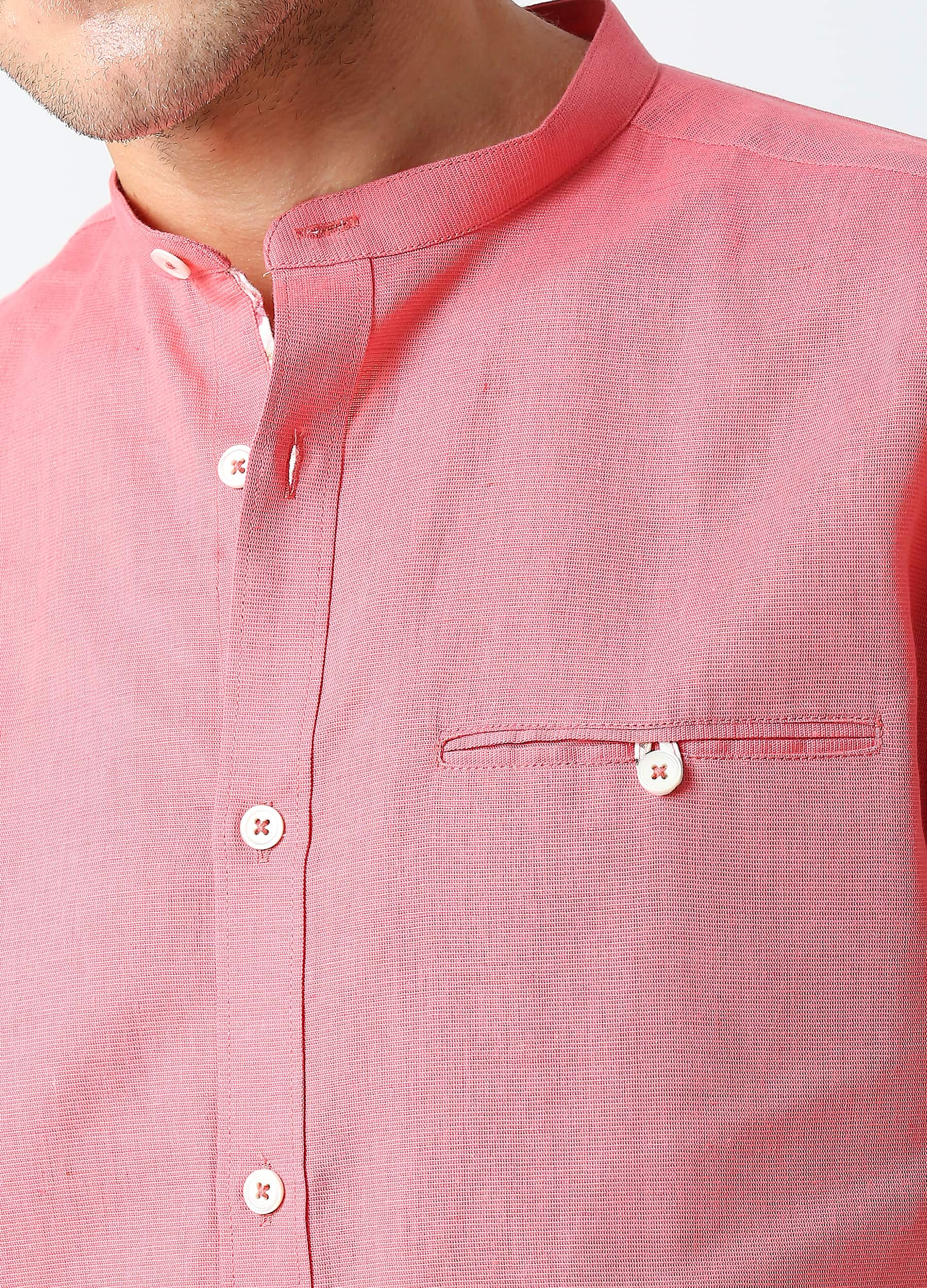 Band Collar Linen Blend Solid Shirt - Coral