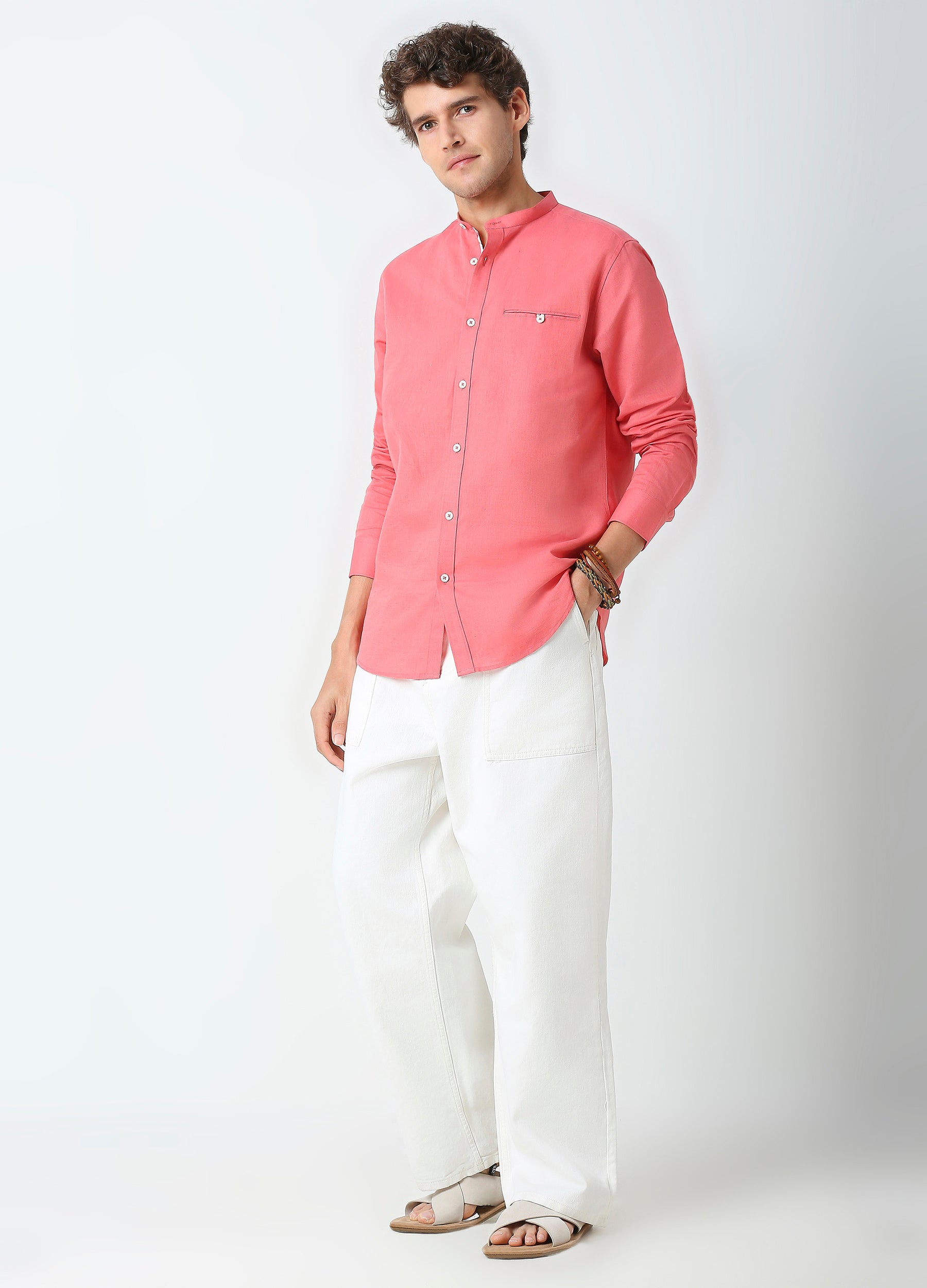 Band Collar Linen Blend Solid Shirt - Coral