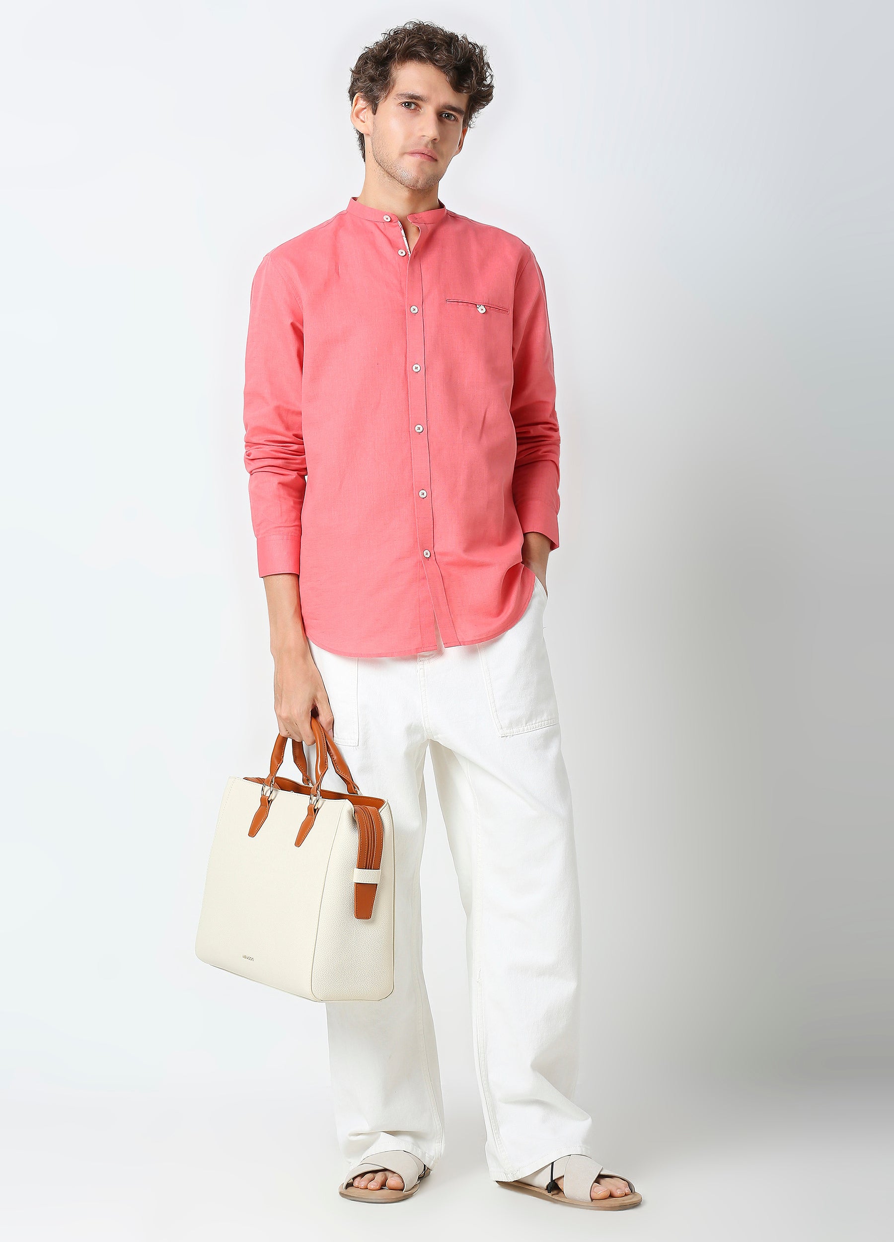 Band Collar Linen Blend Solid Shirt - Coral