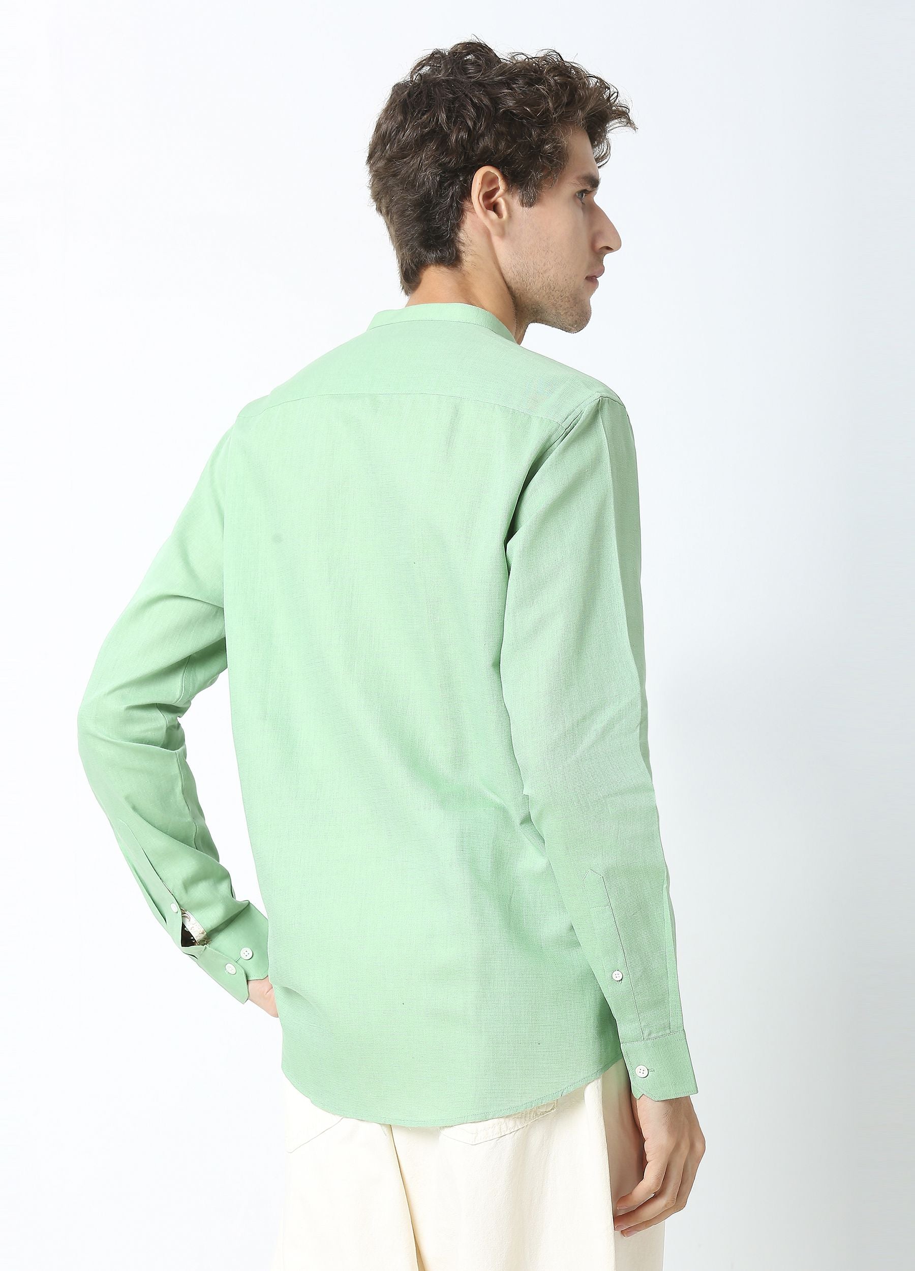 Band Collar Linen Blend Solid Shirt - Basil Green