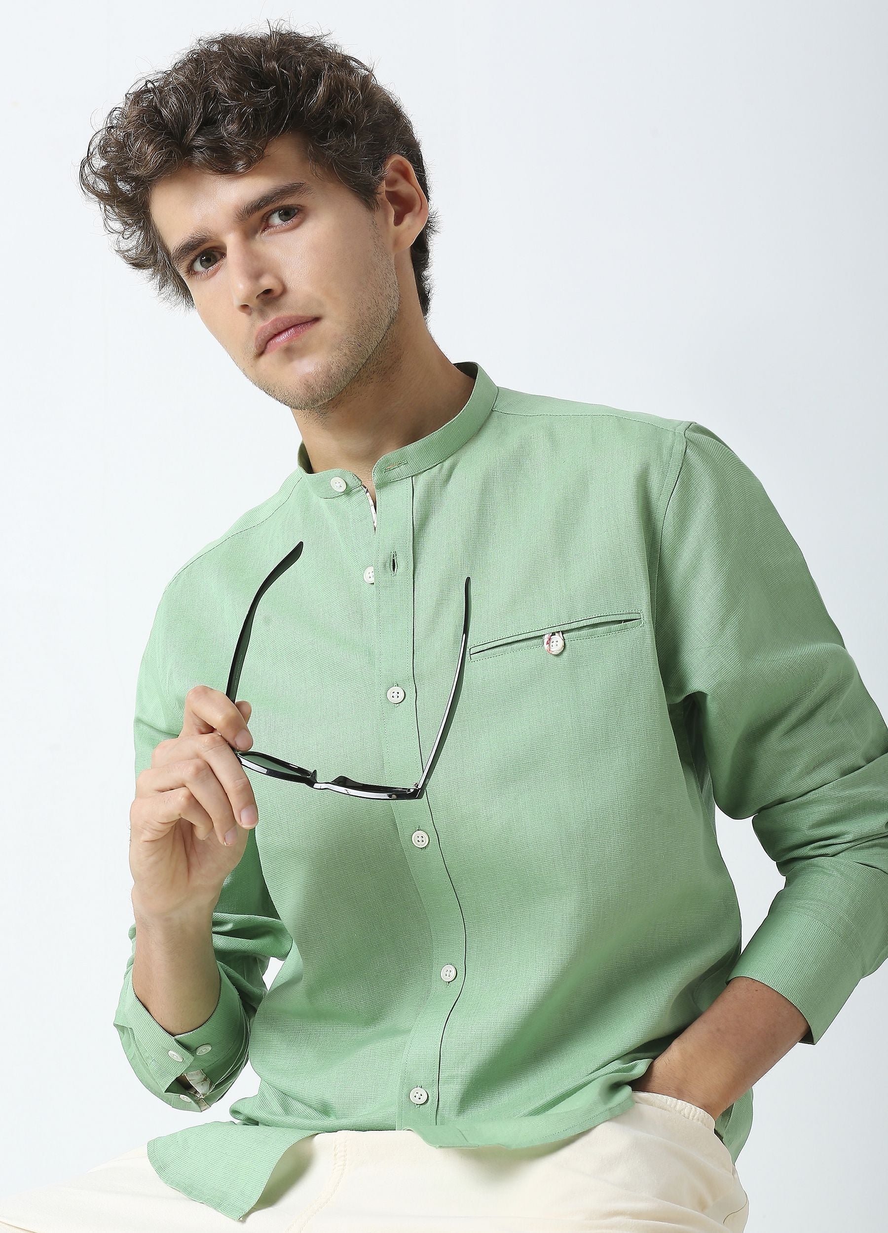 Band Collar Linen Blend Solid Shirt - Basil Green