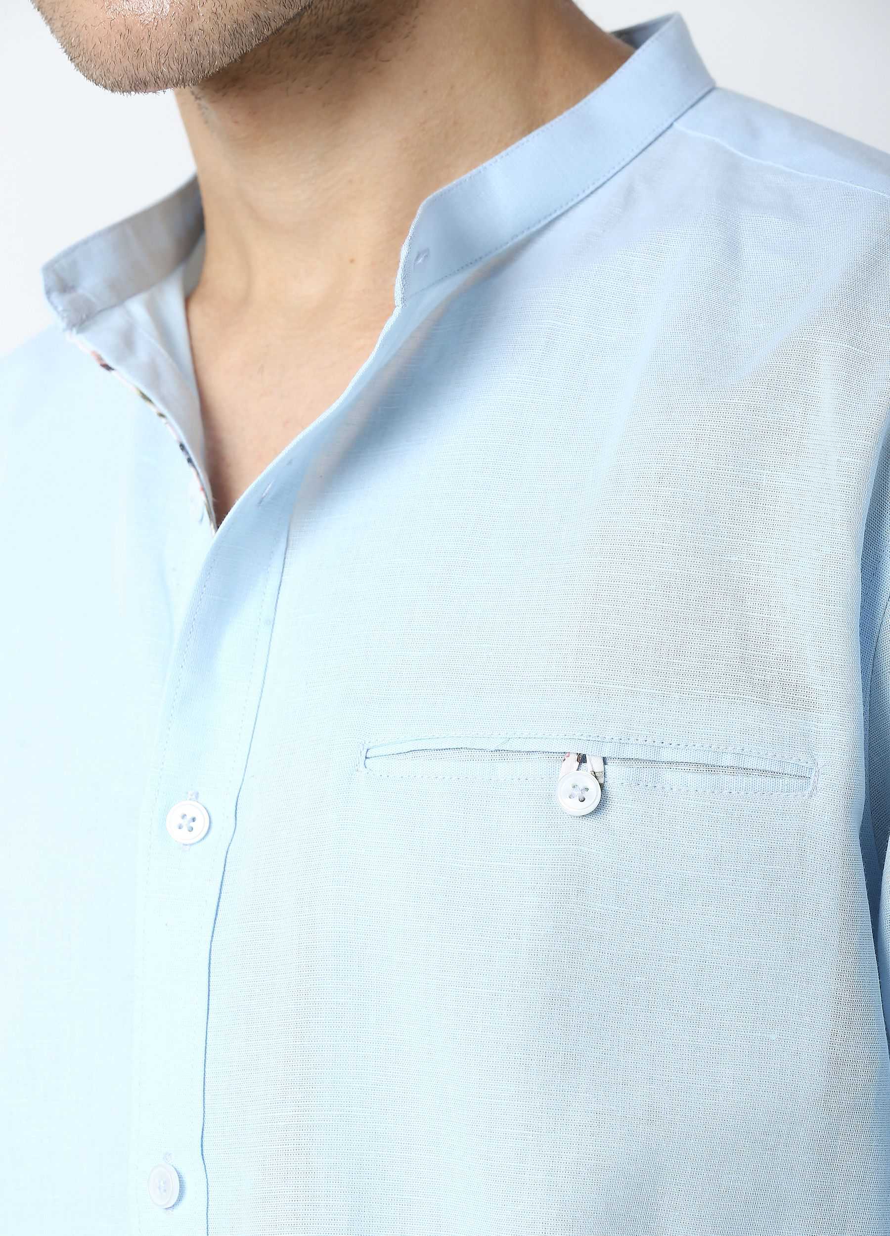 Band Collar Linen Blend Solid Shirt - Sky Blue