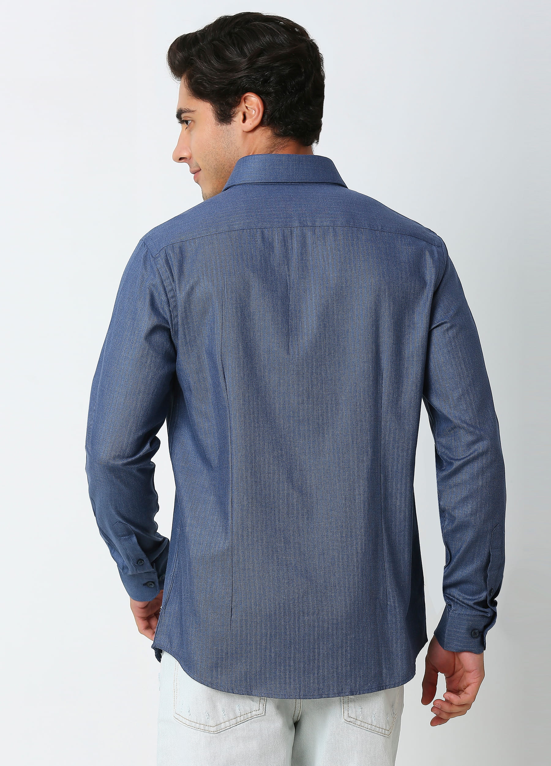 Casual Point Collar Giza Cotton Herringbone Shirt - Denim Blue