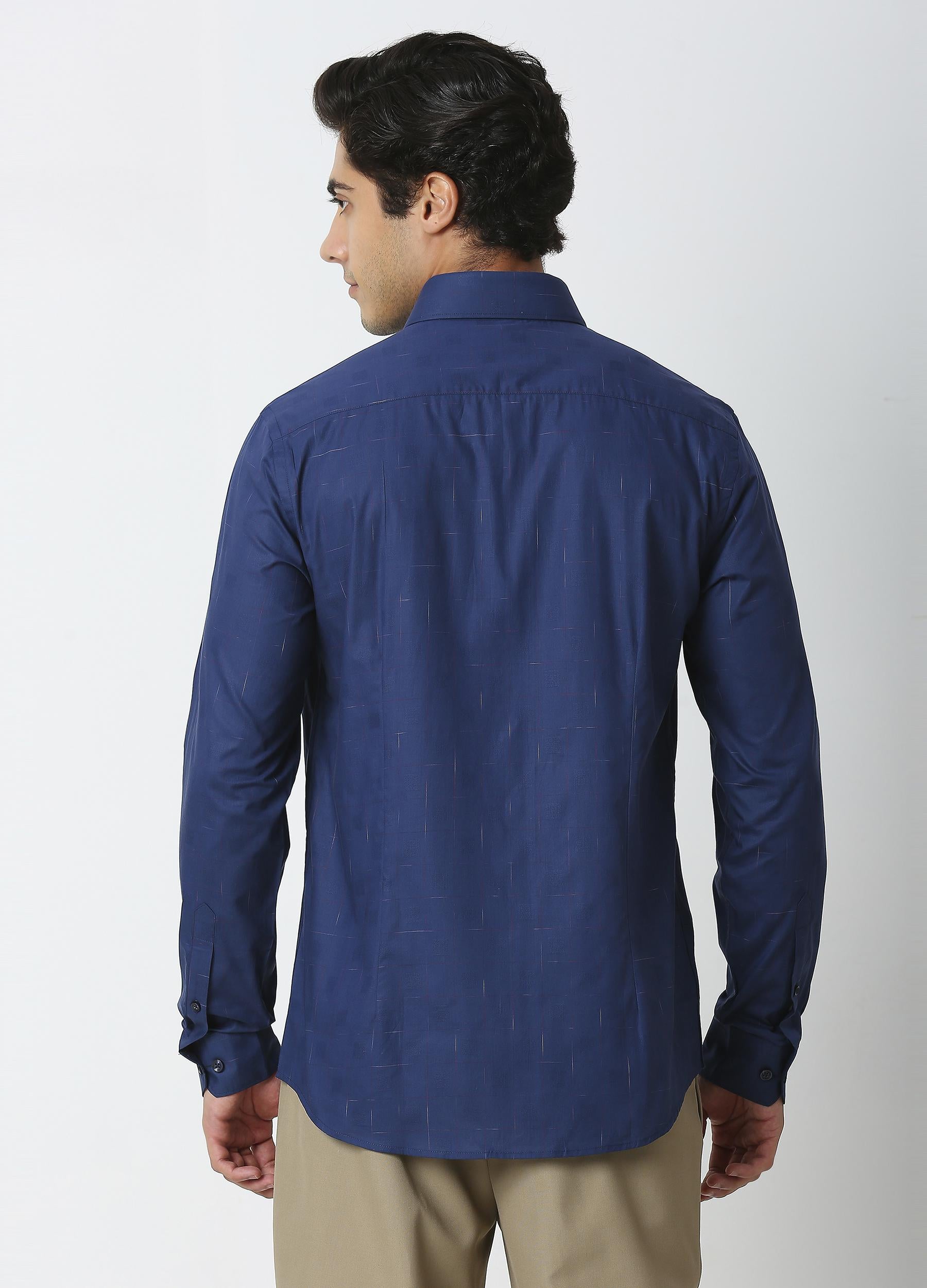 Casual Point Collar Giza Cotton Space Dyed Dobby Shirt - Ultramarine Blue