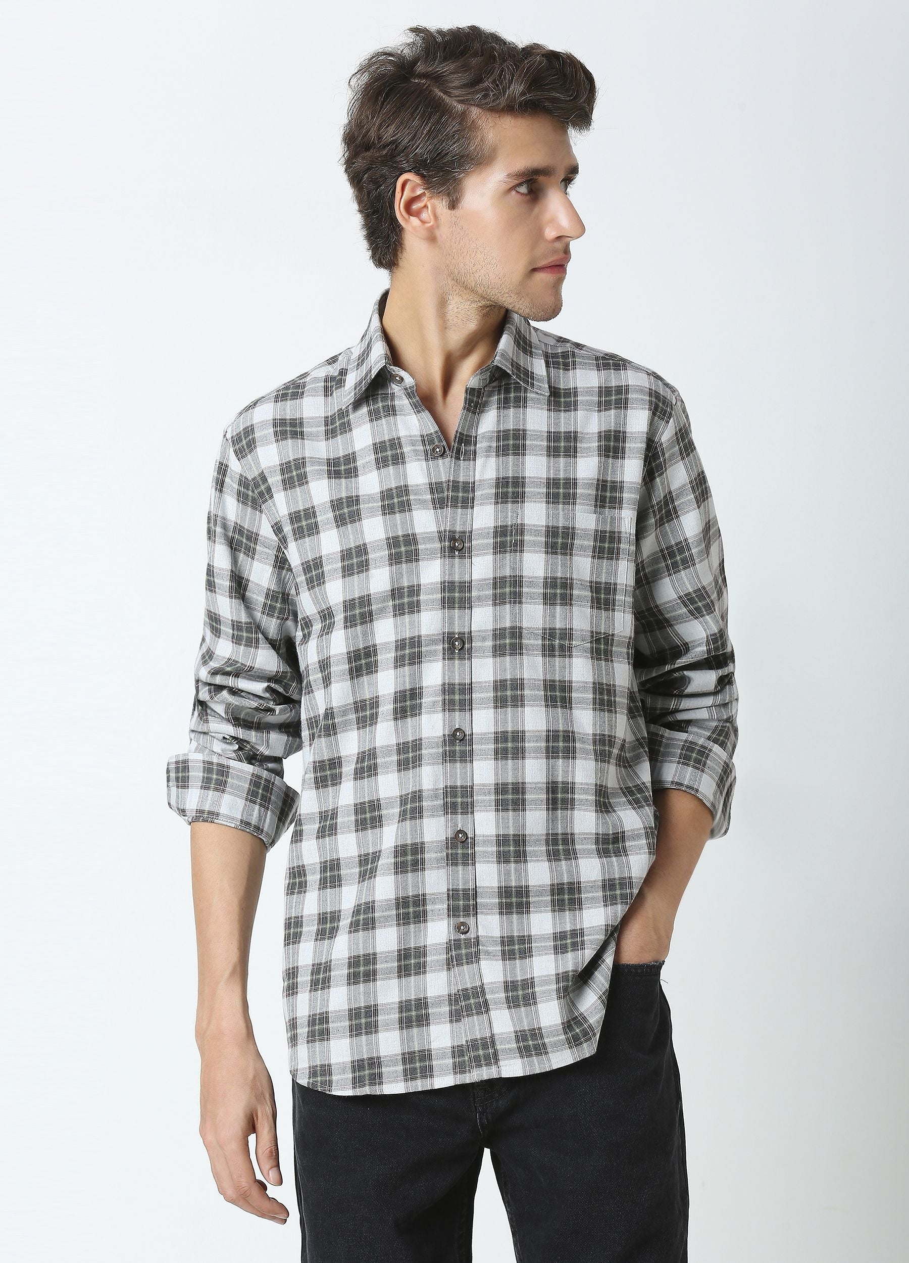 Casual Point Collar Giza Cotton Dupplin Checks Shirt - Smoke Grey