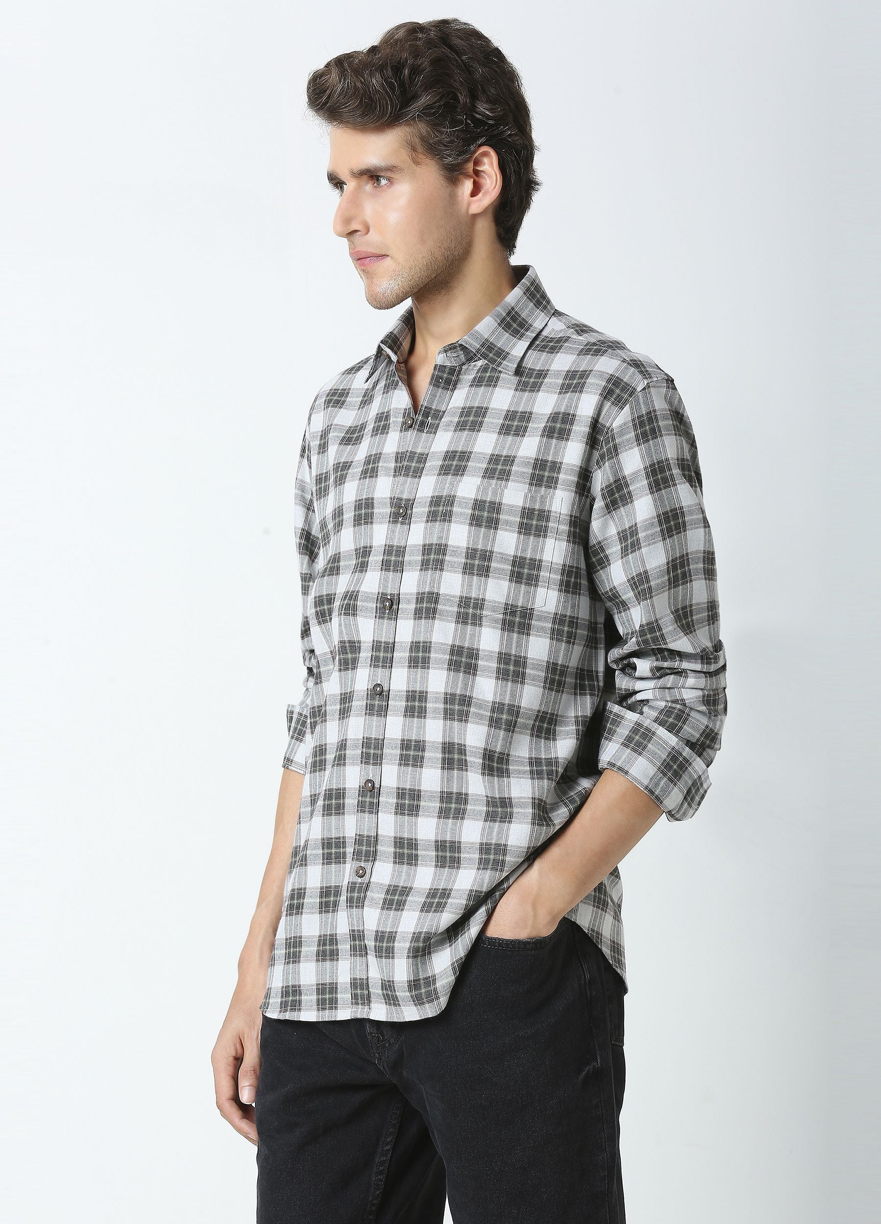 Casual Point Collar Giza Cotton Dupplin Checks Shirt - Smoke Grey