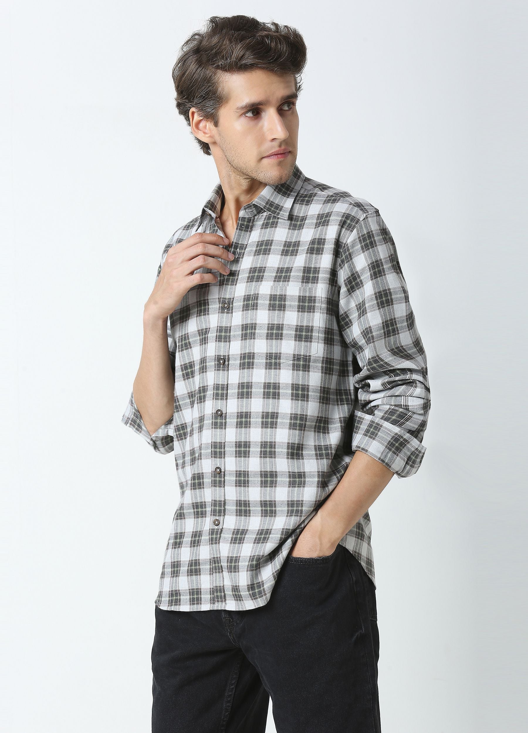 Casual Point Collar Giza Cotton Dupplin Checks Shirt - Smoke Grey