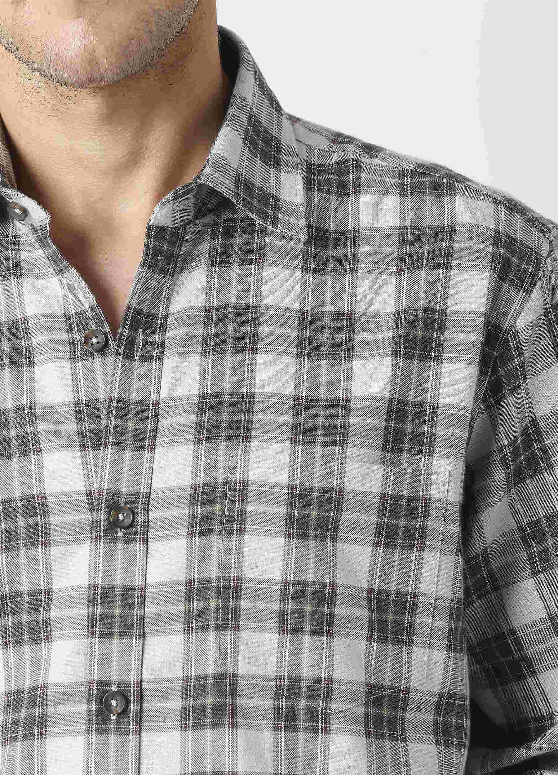 Casual Point Collar Giza Cotton Dupplin Checks Shirt - Smoke Grey