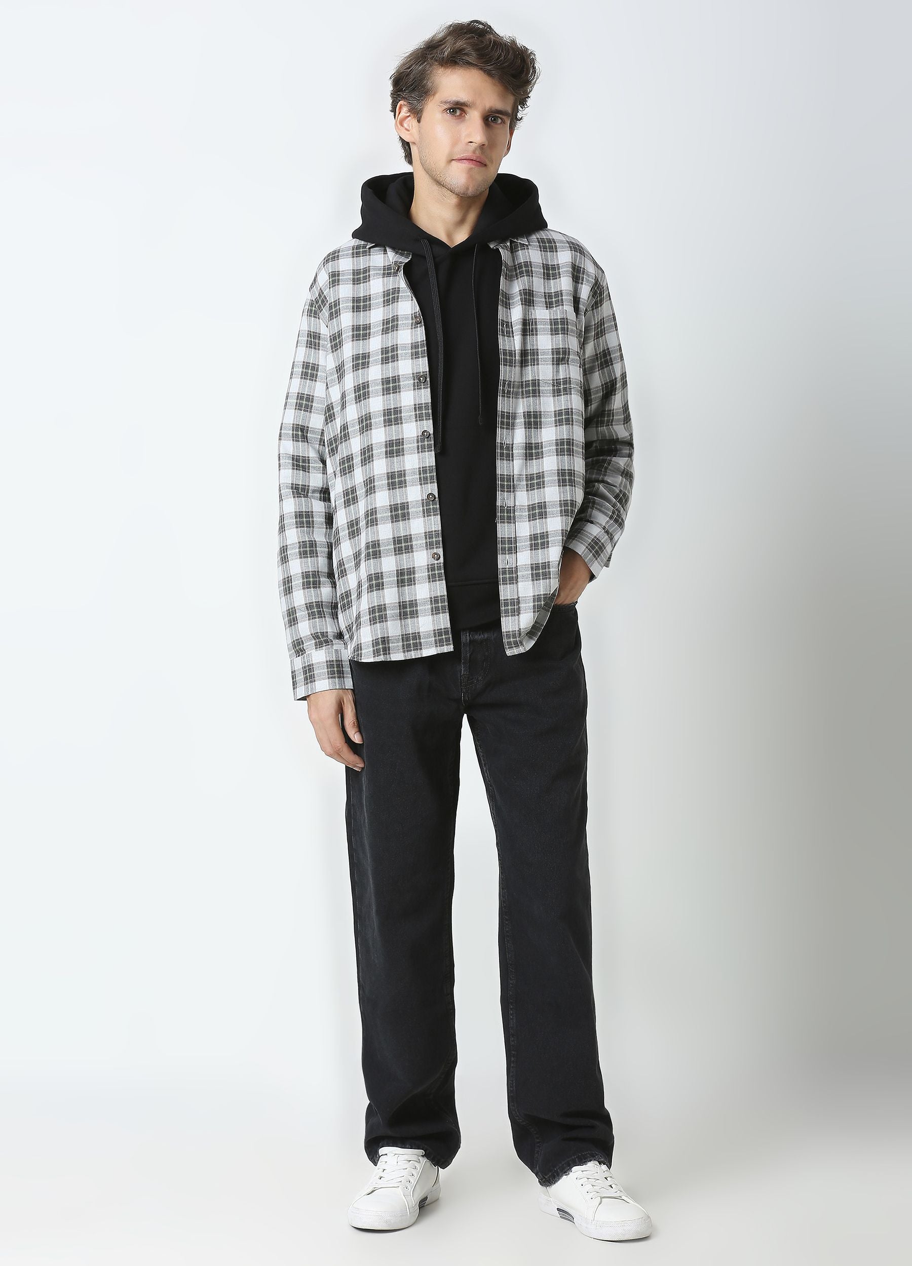 Casual Point Collar Giza Cotton Dupplin Checks Shirt - Smoke Grey