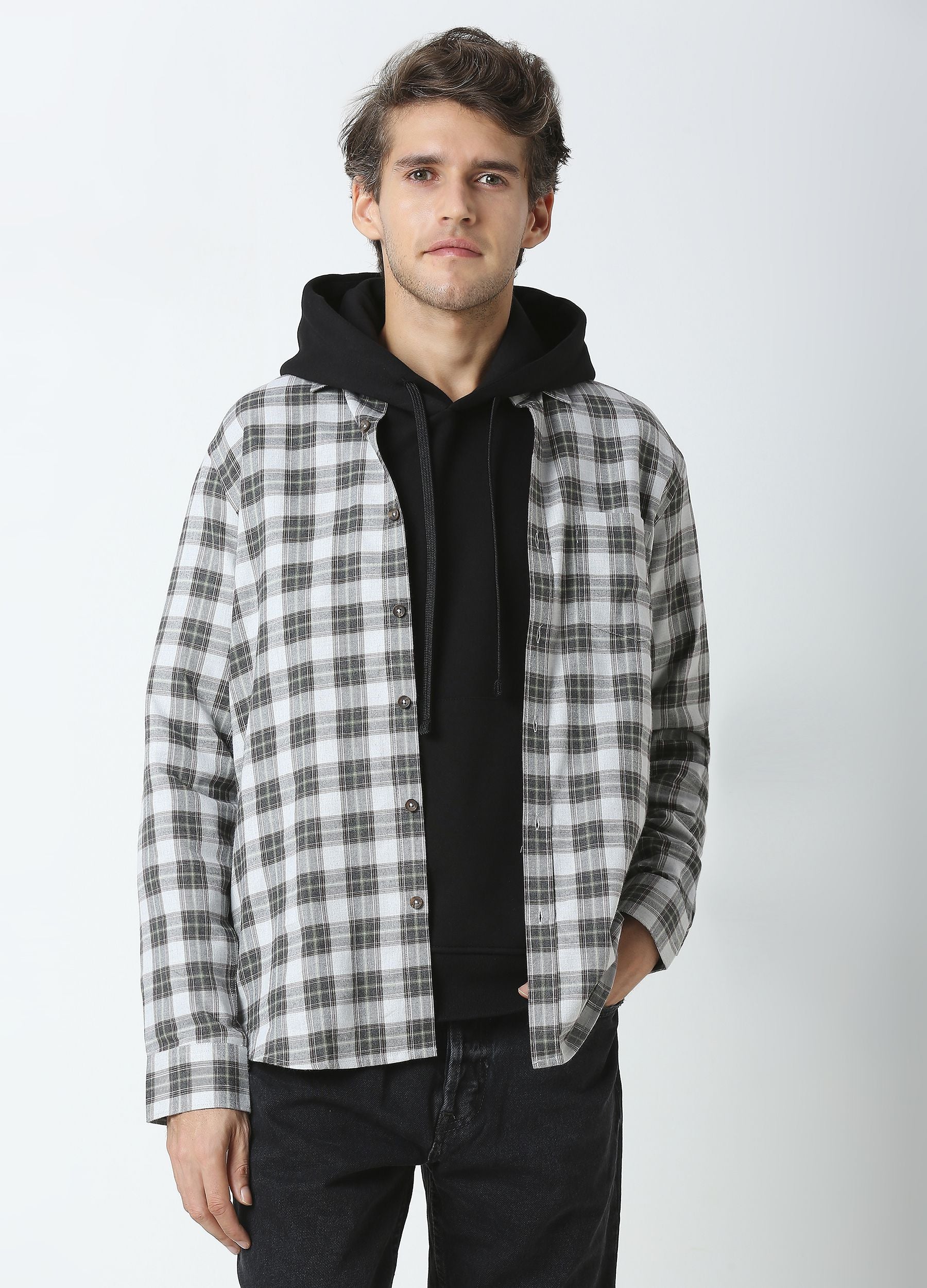 Casual Point Collar Giza Cotton Dupplin Checks Shirt - Smoke Grey