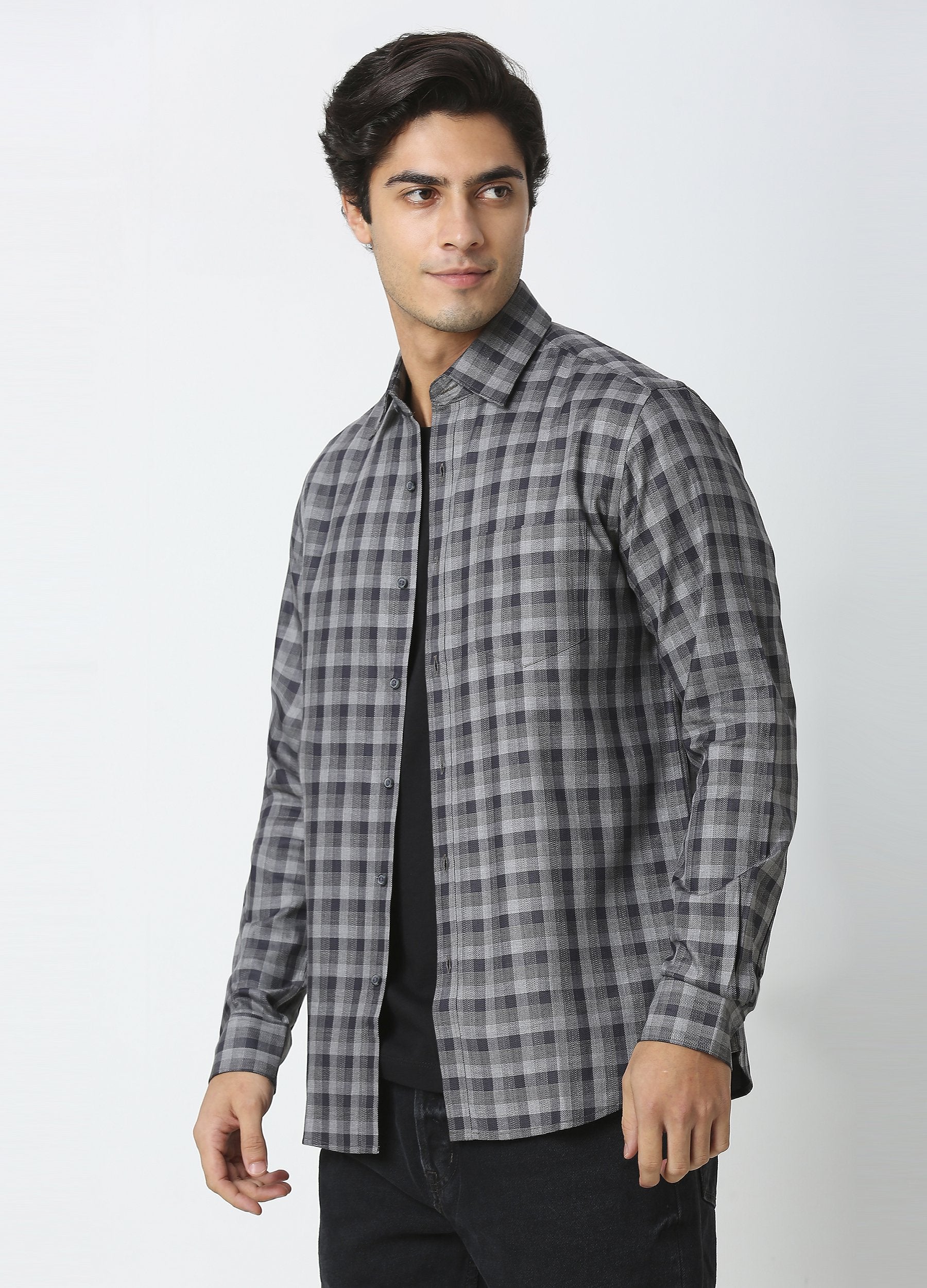 Casual Point Collar Giza Cotton Herringbone Melange Checks Shirt - Grey
