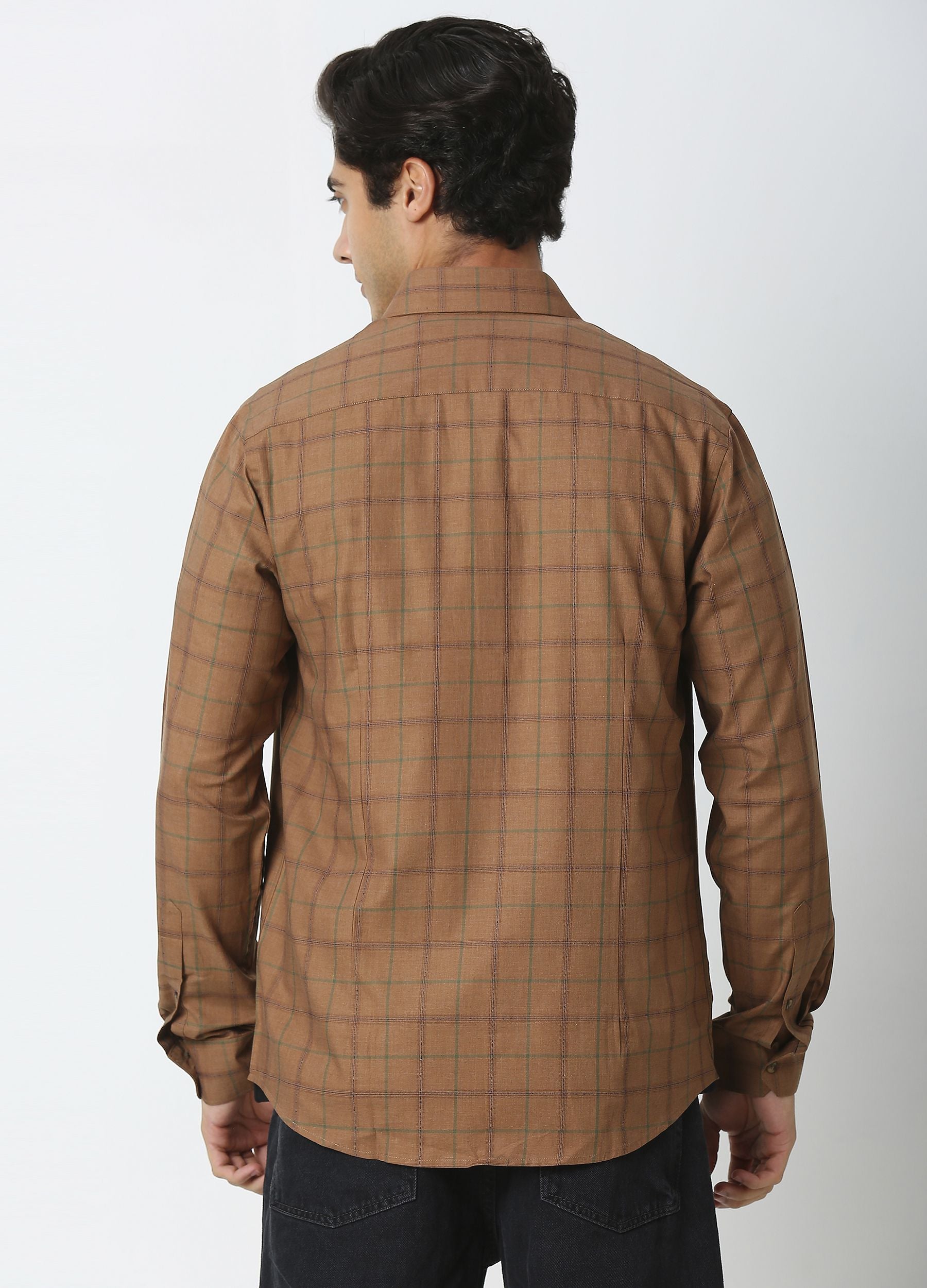 Casual Point Collar Giza Cotton Melange Plaid Checks Shirt - Camel Brown