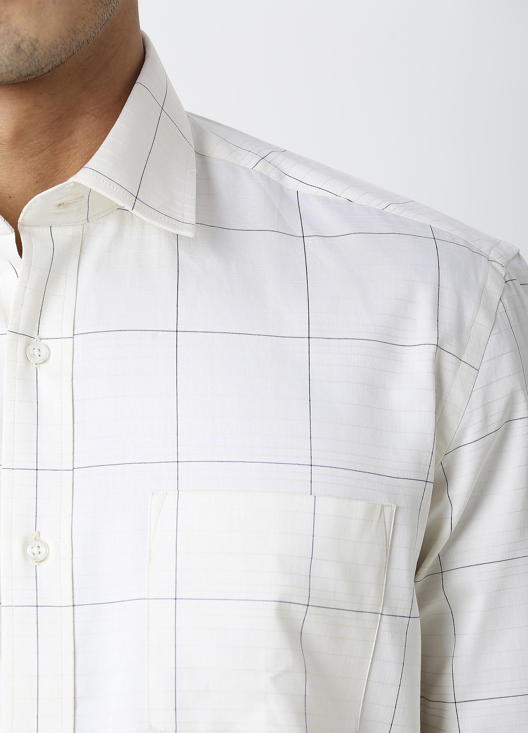 Point Collar Large Checks Fine Line Shirt - Cream