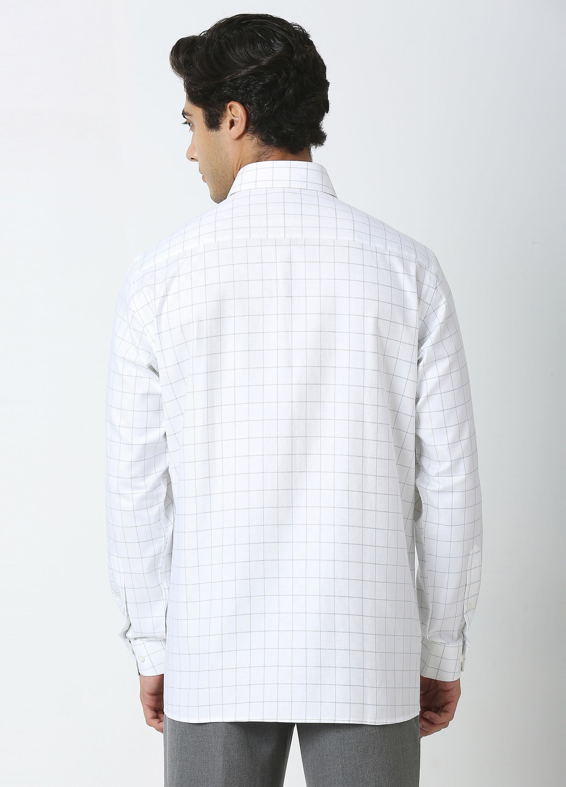 Point Collar Windowpane Twill Checks Shirt - White