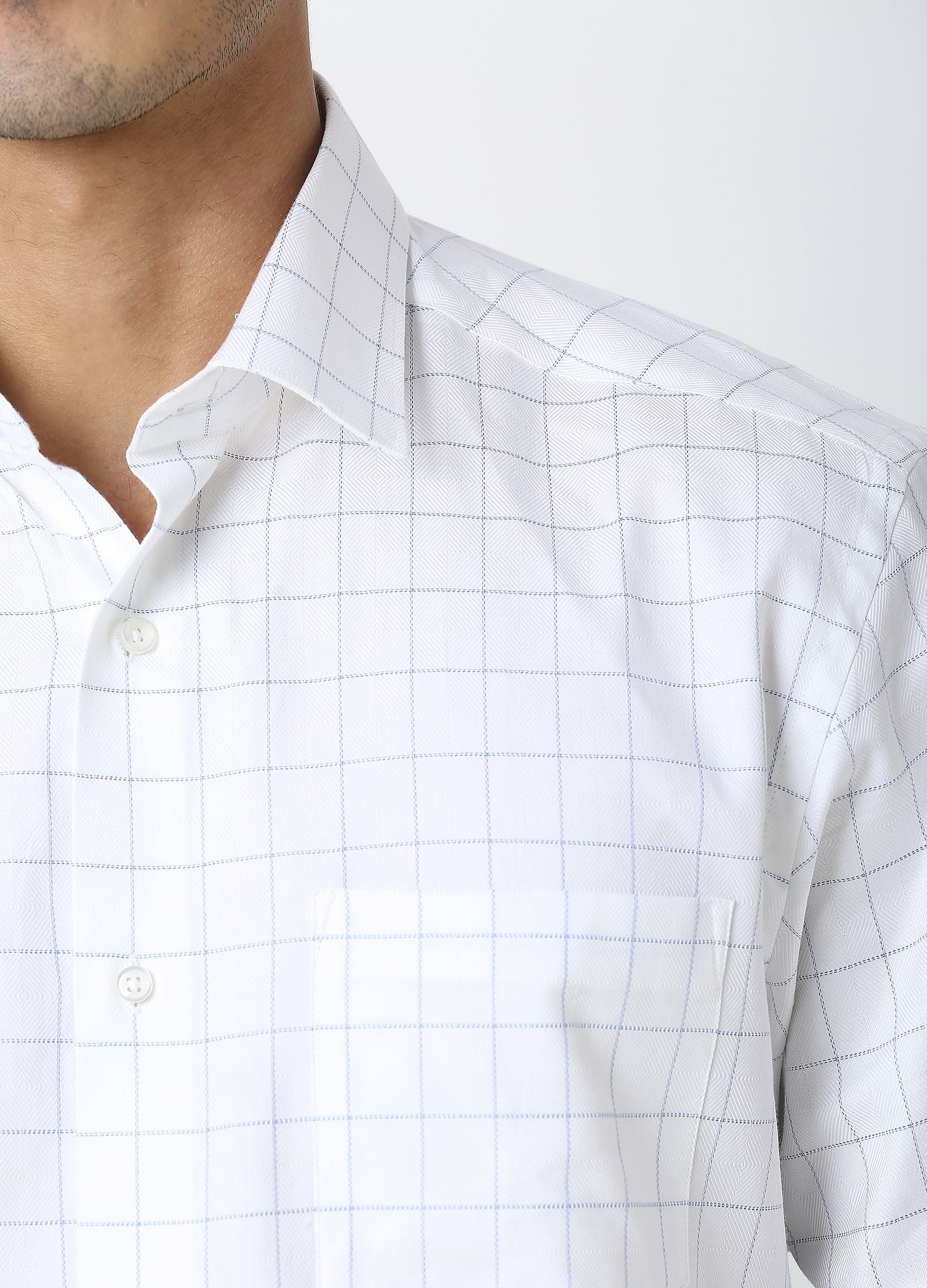 Point Collar Windowpane Twill Checks Shirt - White