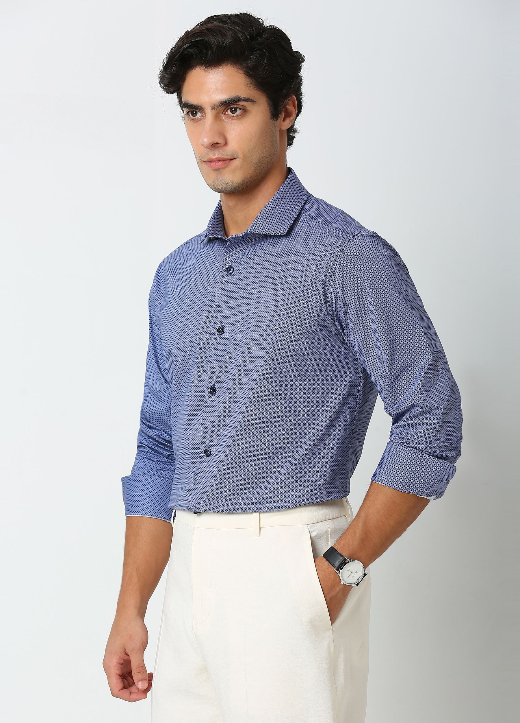 Concentric Blues: Cutaway Collar Print Knit Shirt