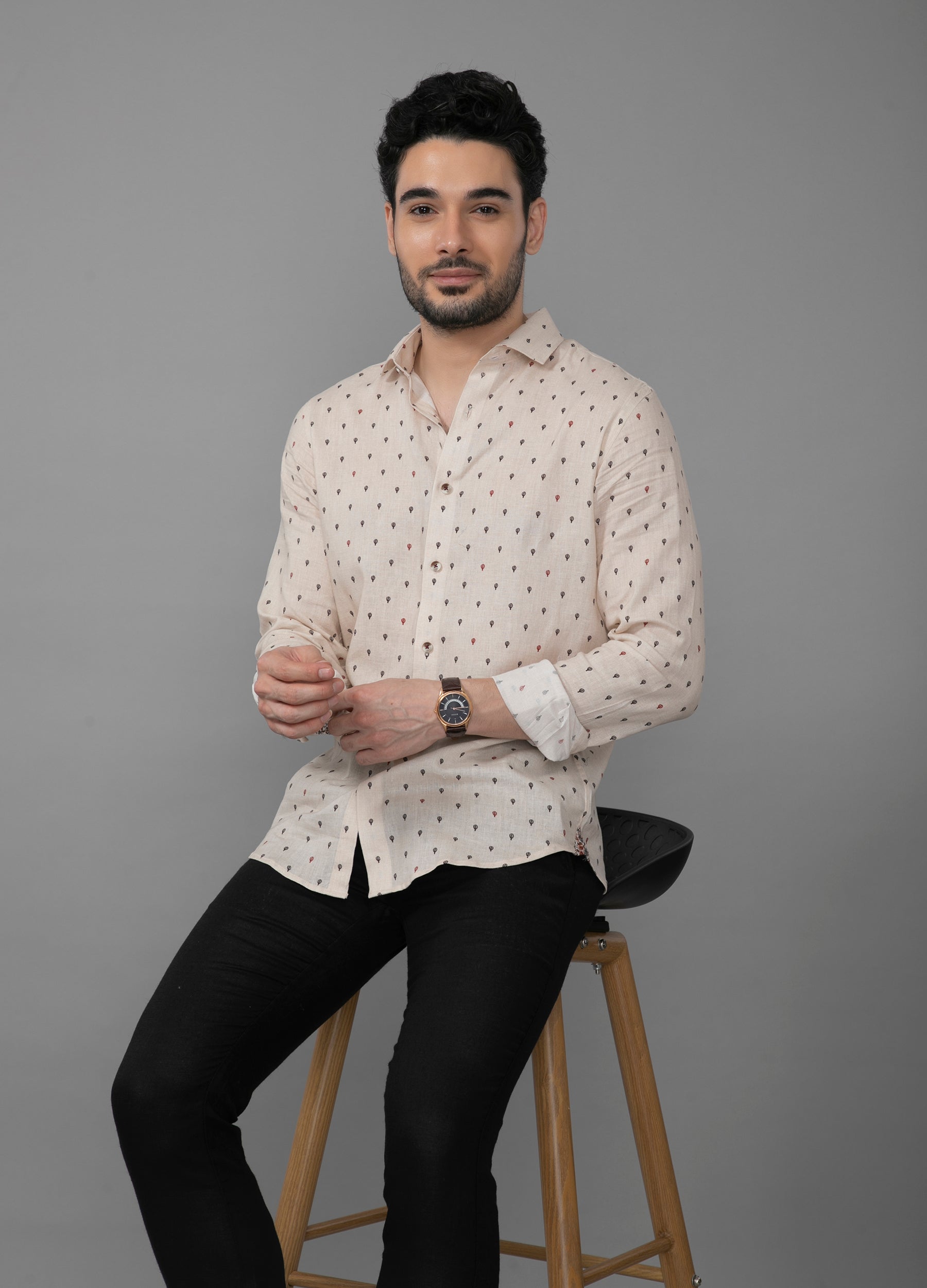 Cutaway collar Linen Tencel Balloon Print Shirt- Beige