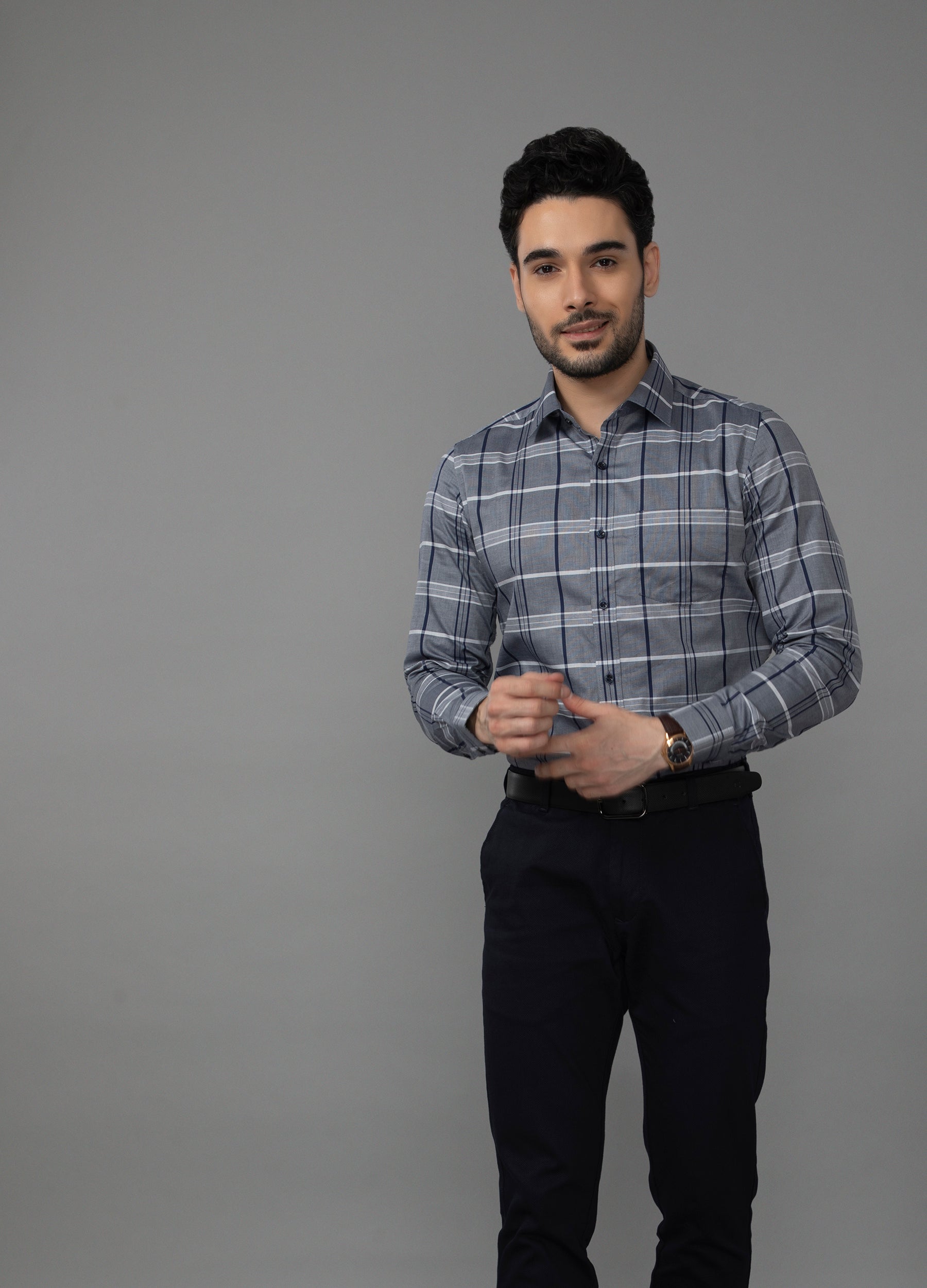 Point Collar Yarn Dyed Checks Shirt - Resolution Blue