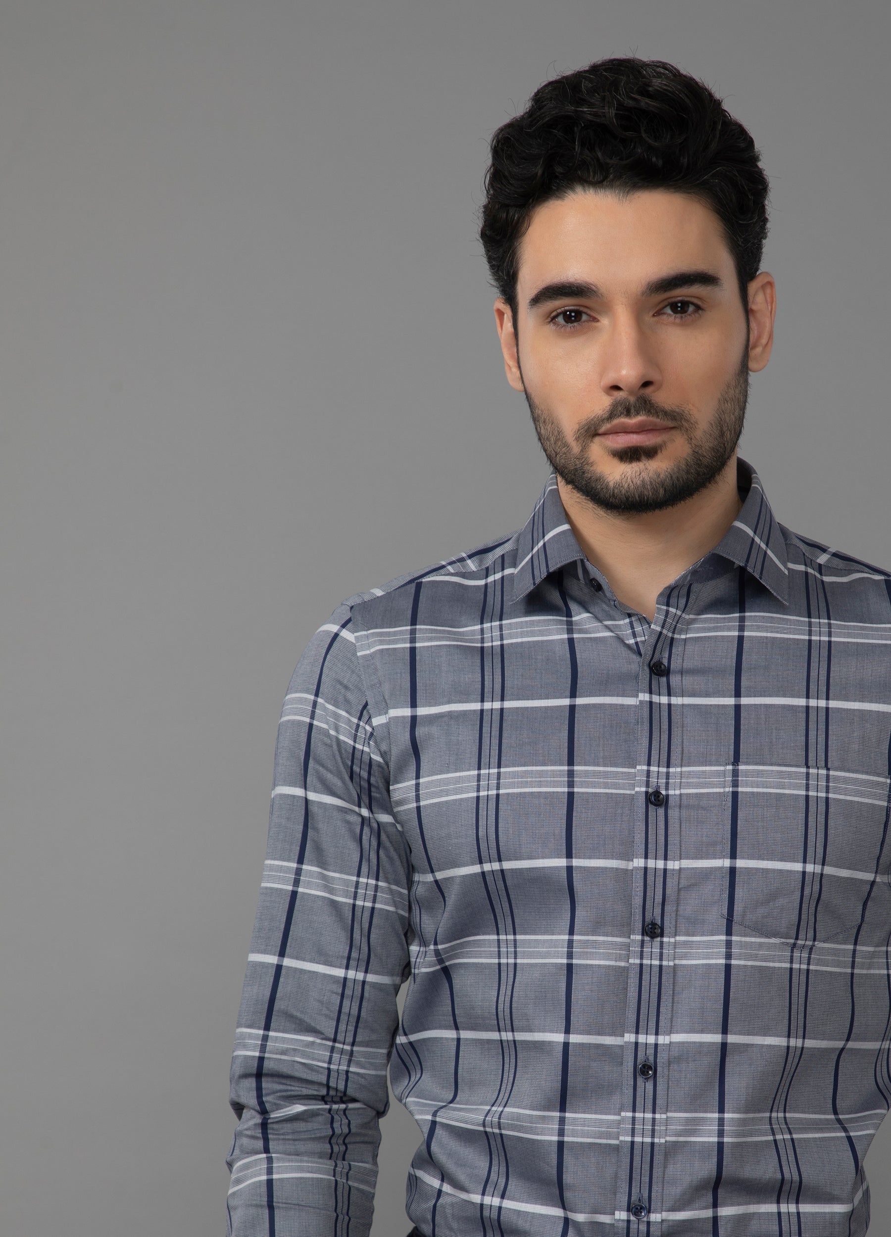 Point Collar Yarn Dyed Checks Shirt - Resolution Blue