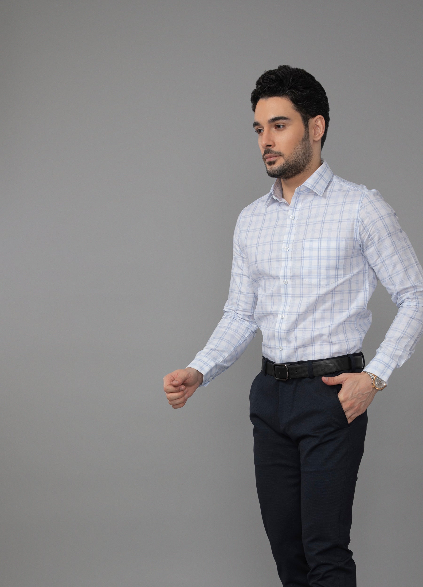 Point Collar Oxford Overcheck Shirt - Powder Blue