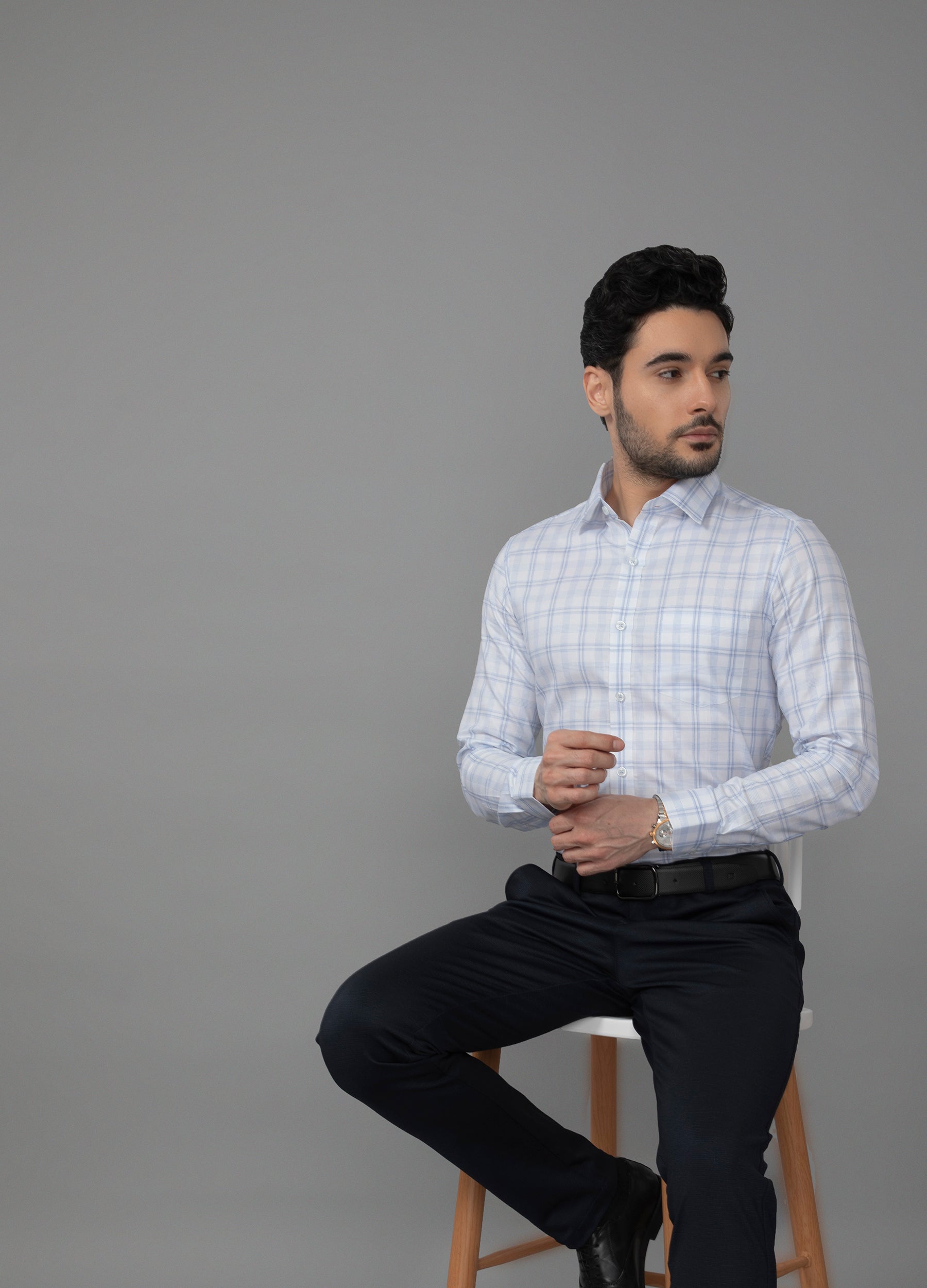 Point Collar Oxford Overcheck Shirt - Powder Blue