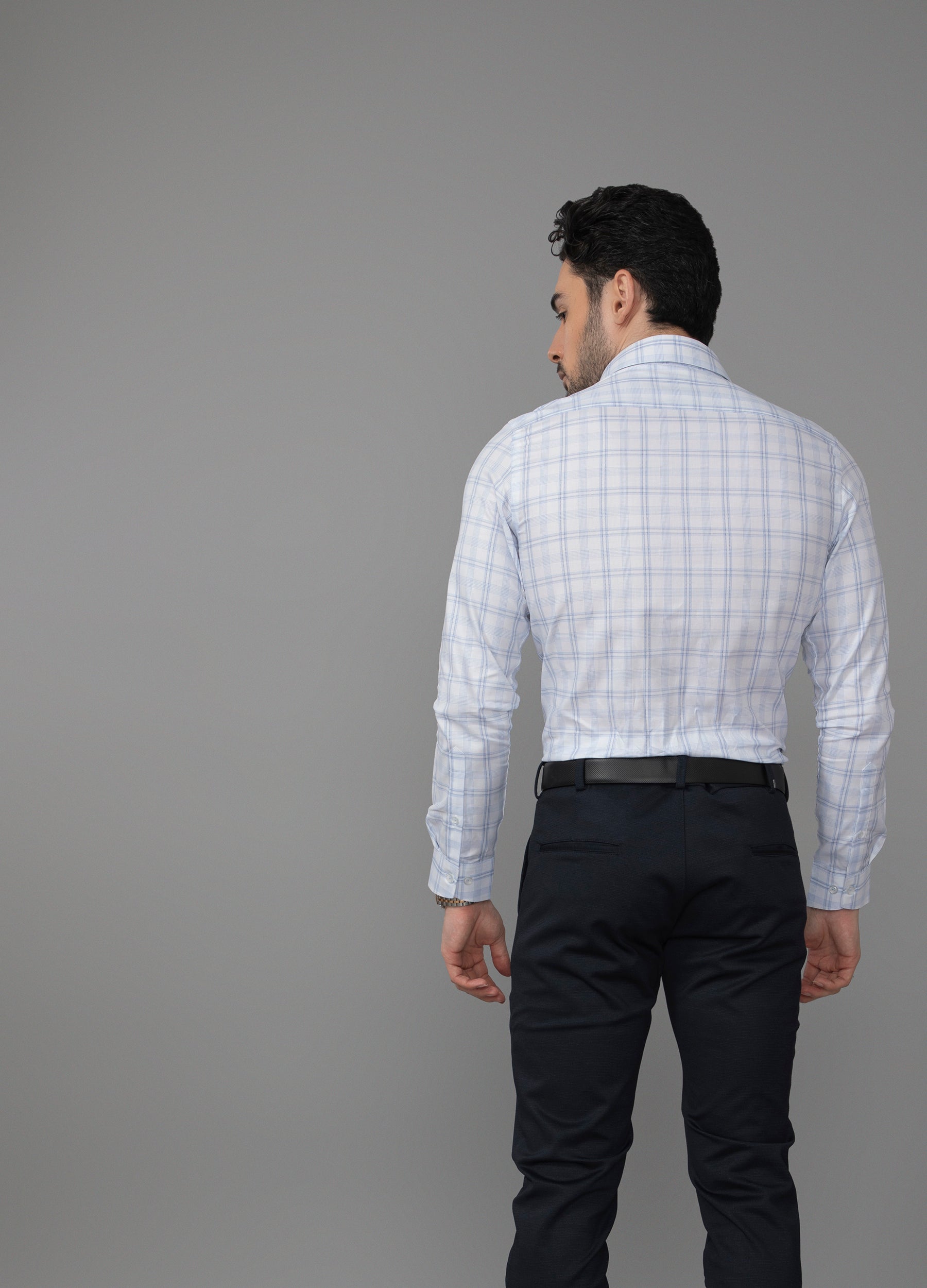 Point Collar Oxford Overcheck Shirt - Powder Blue