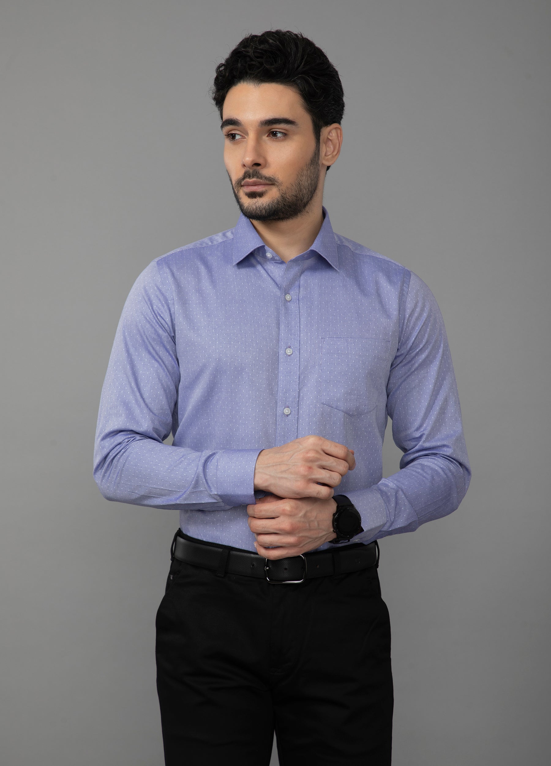 Point Collar Yarn Dyed Dobby Shirt - Persian Blue