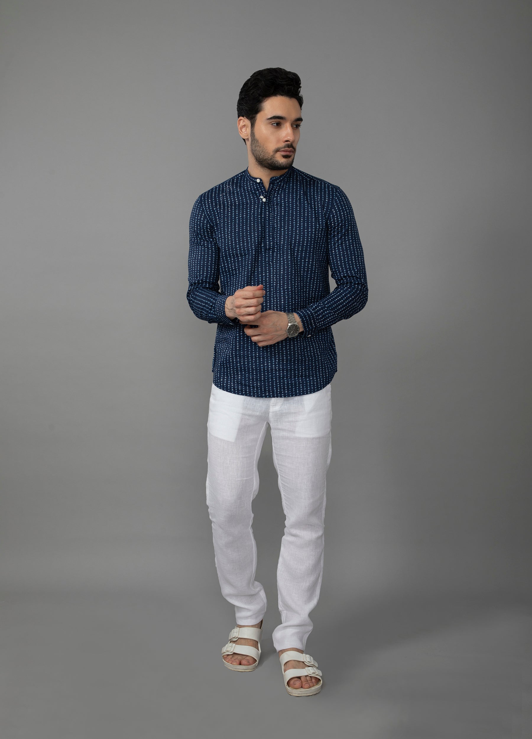 Band Collar Dot Print Short Kurta - Indigo